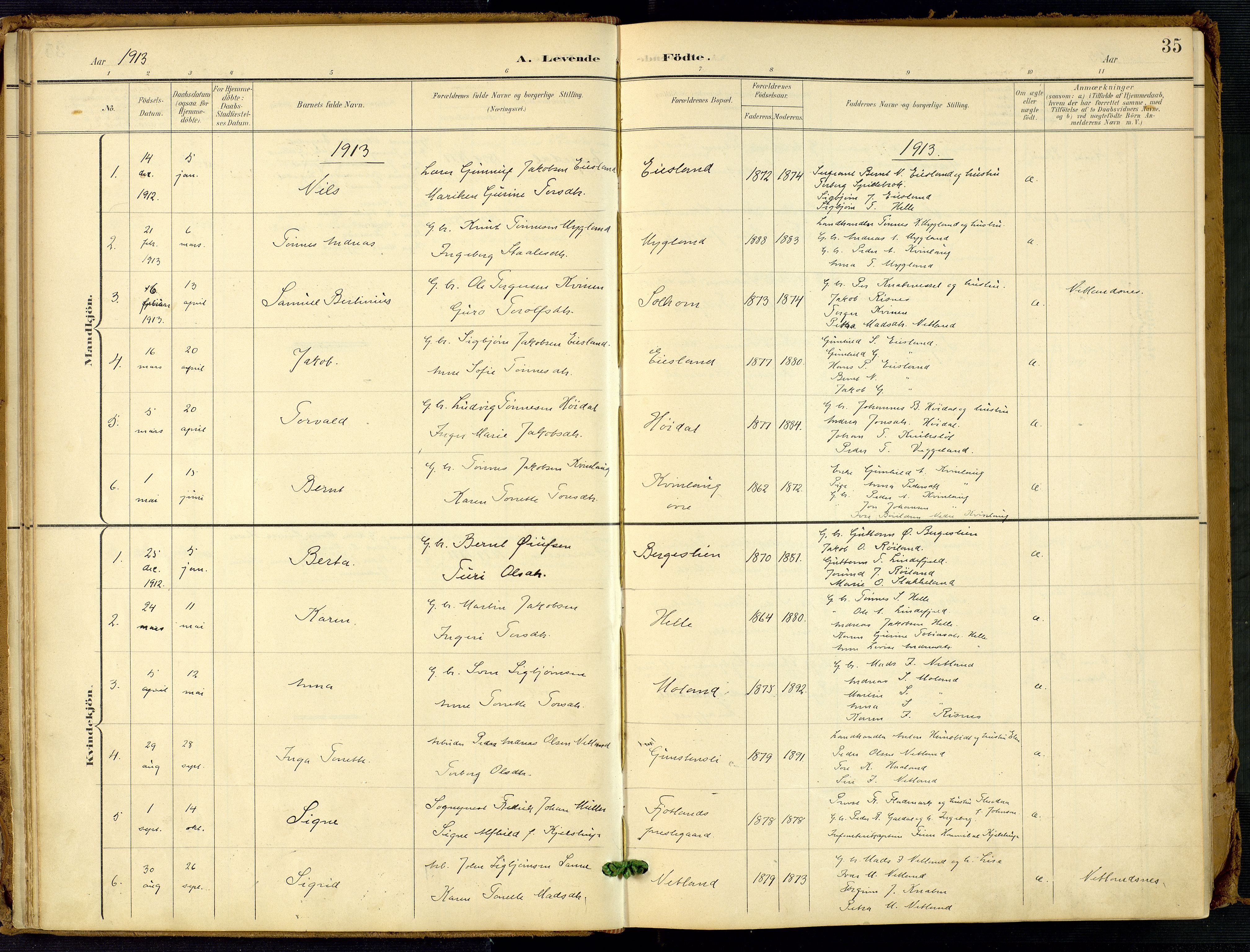 Fjotland sokneprestkontor, AV/SAK-1111-0010/F/Fa/L0003: Parish register (official) no. A 3, 1899-1917, p. 35