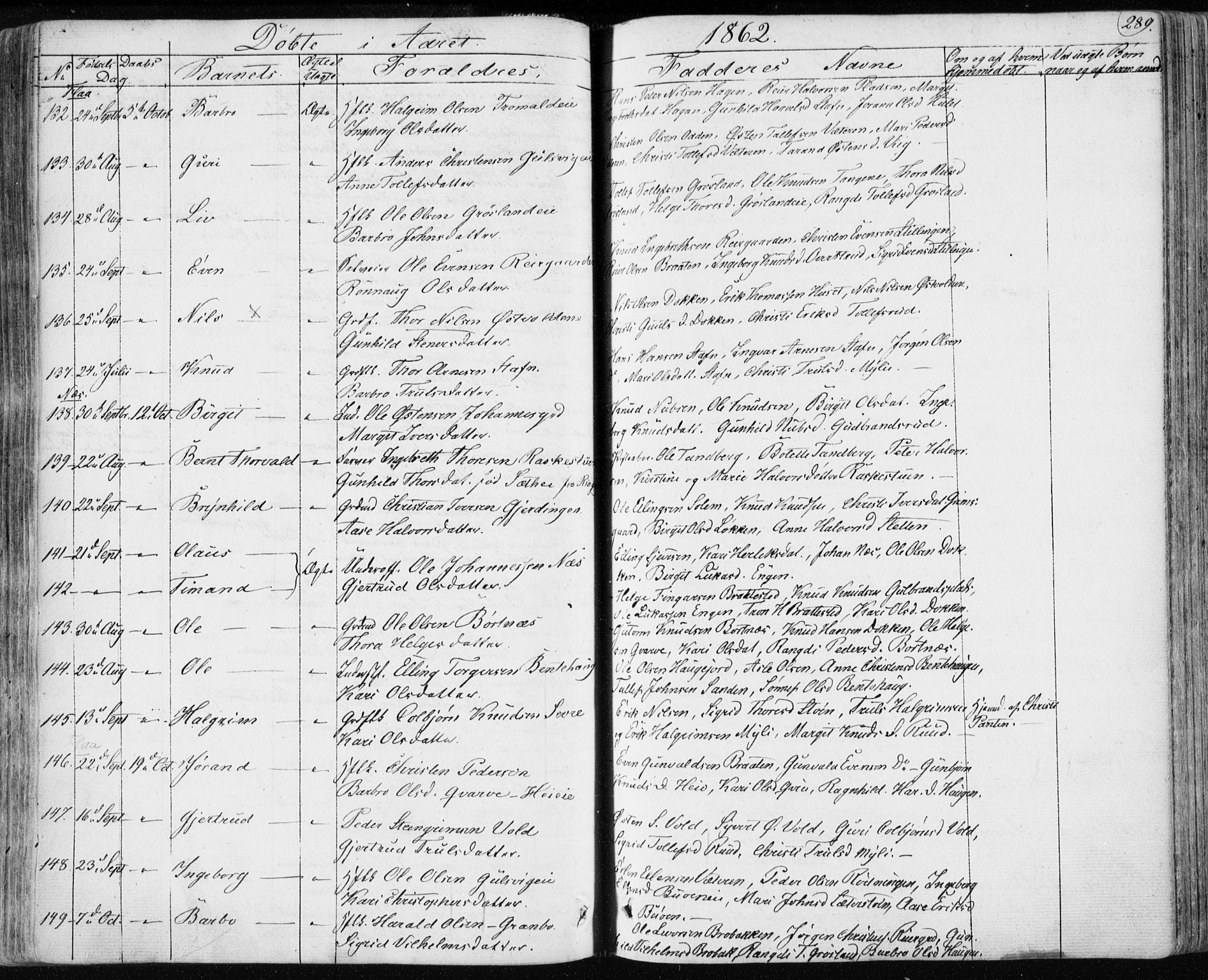 Nes kirkebøker, AV/SAKO-A-236/F/Fa/L0009: Parish register (official) no. 9, 1834-1863, p. 289