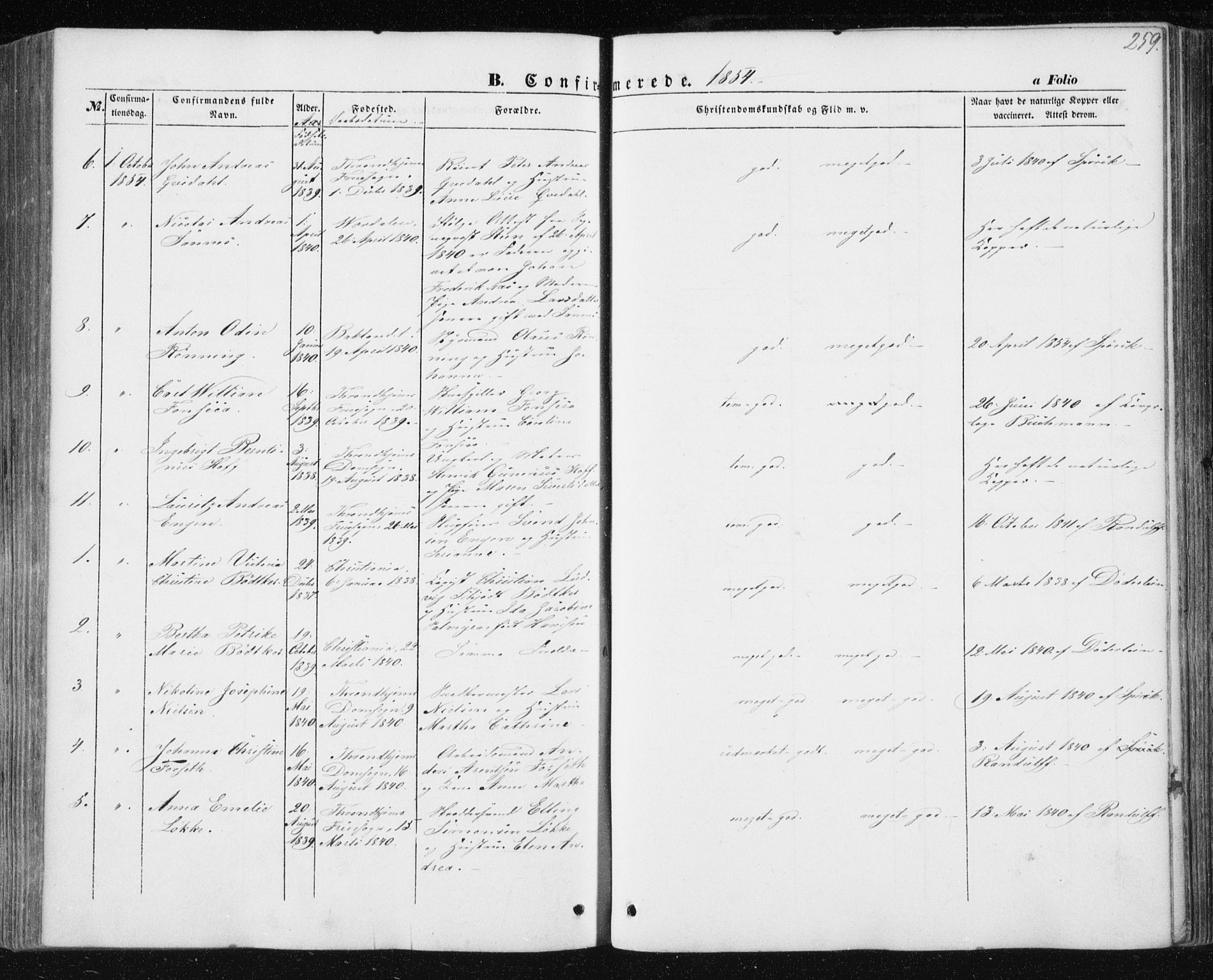 Ministerialprotokoller, klokkerbøker og fødselsregistre - Sør-Trøndelag, AV/SAT-A-1456/602/L0112: Parish register (official) no. 602A10, 1848-1859, p. 259