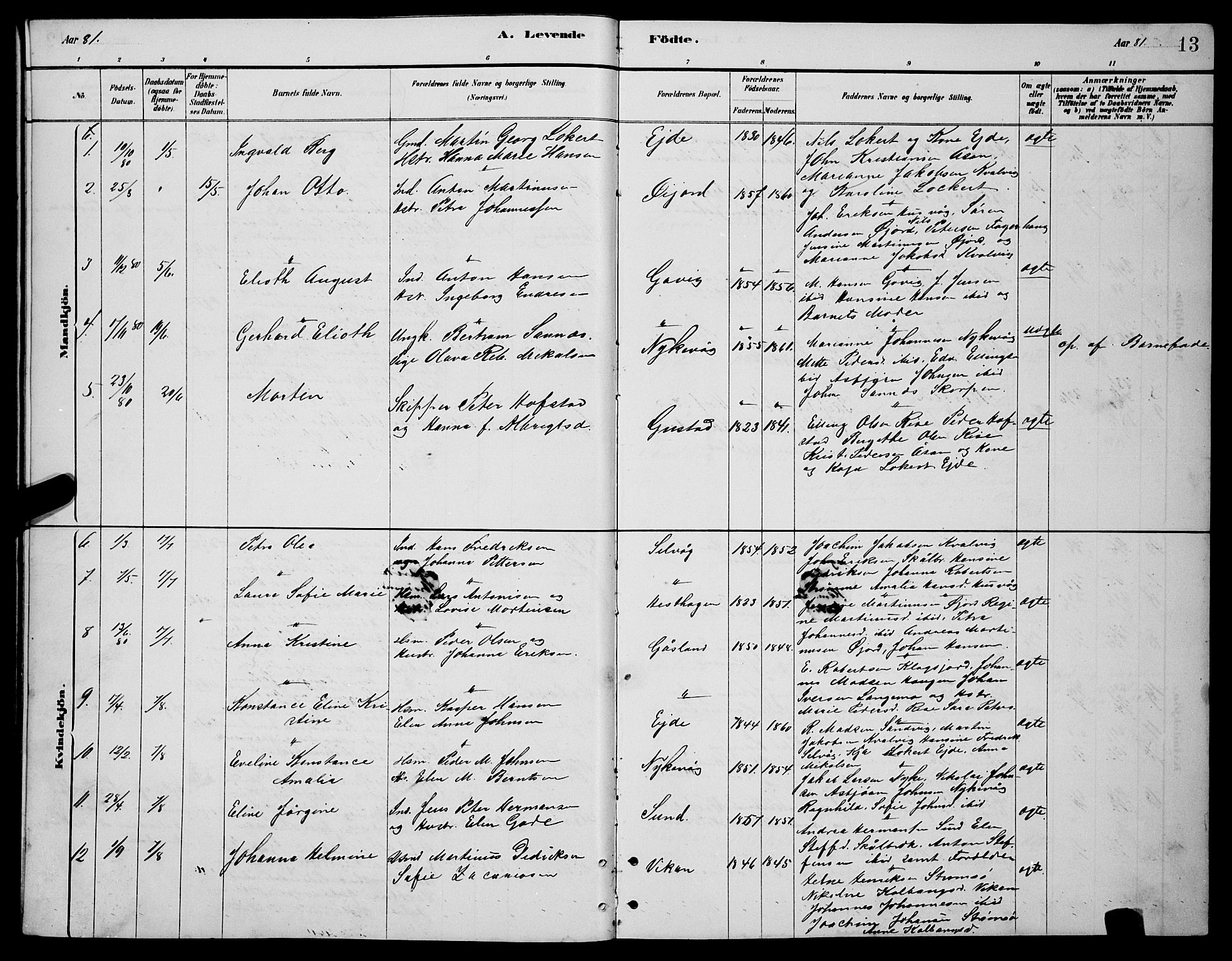 Ministerialprotokoller, klokkerbøker og fødselsregistre - Nordland, AV/SAT-A-1459/892/L1325: Parish register (copy) no. 892C02, 1878-1896, p. 13