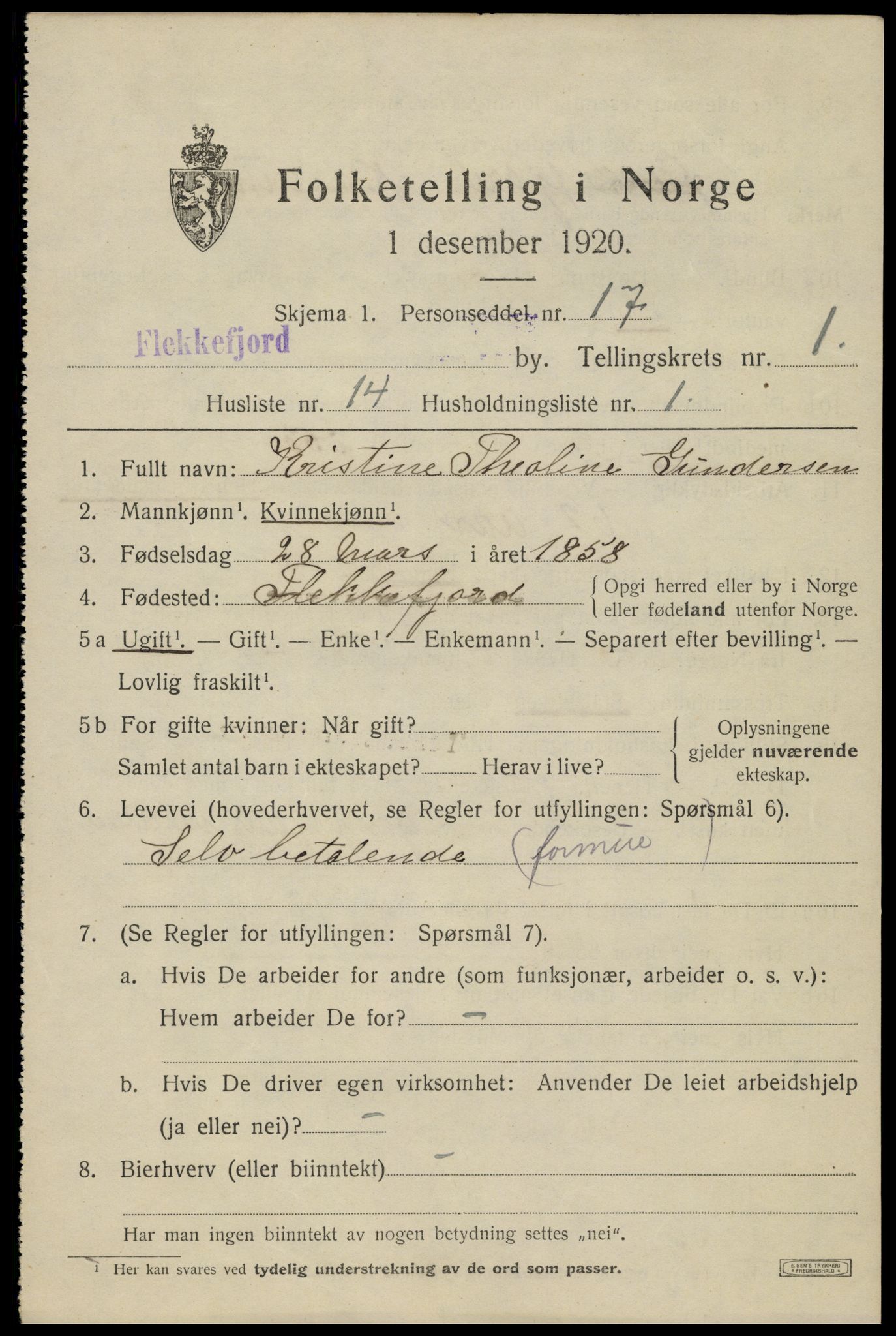 SAK, 1920 census for Flekkefjord, 1920, p. 2028