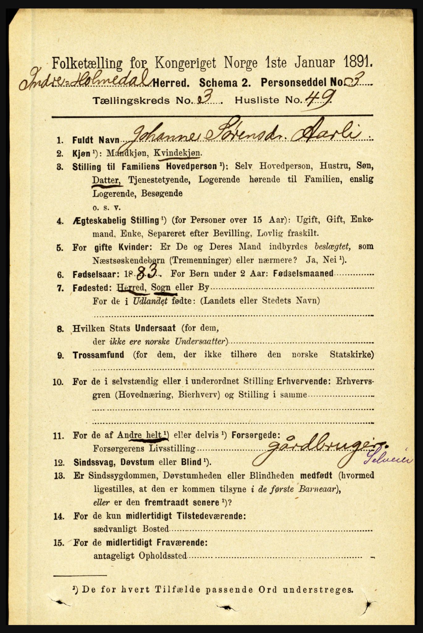 RA, 1891 census for 1430 Indre Holmedal, 1891, p. 1252