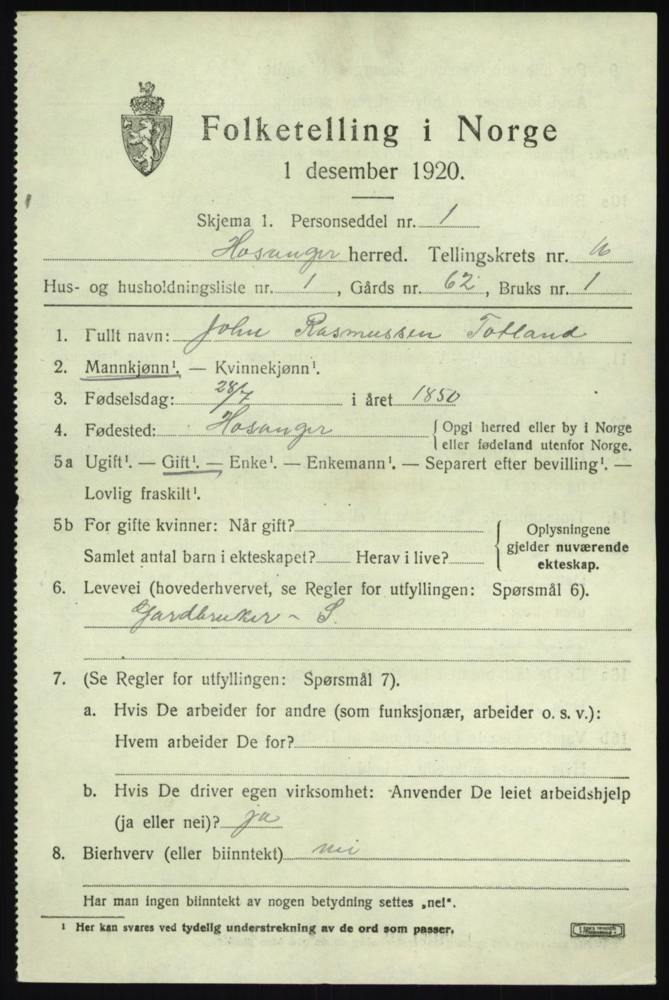 SAB, 1920 census for Hosanger, 1920, p. 6121