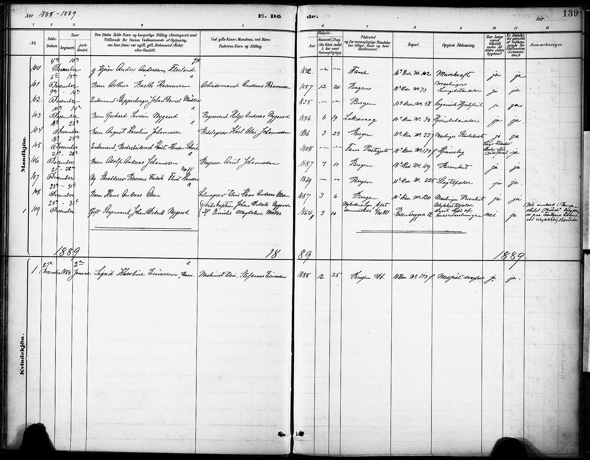 Domkirken sokneprestembete, SAB/A-74801/H/Haa/L0043: Parish register (official) no. E 5, 1882-1904, p. 139