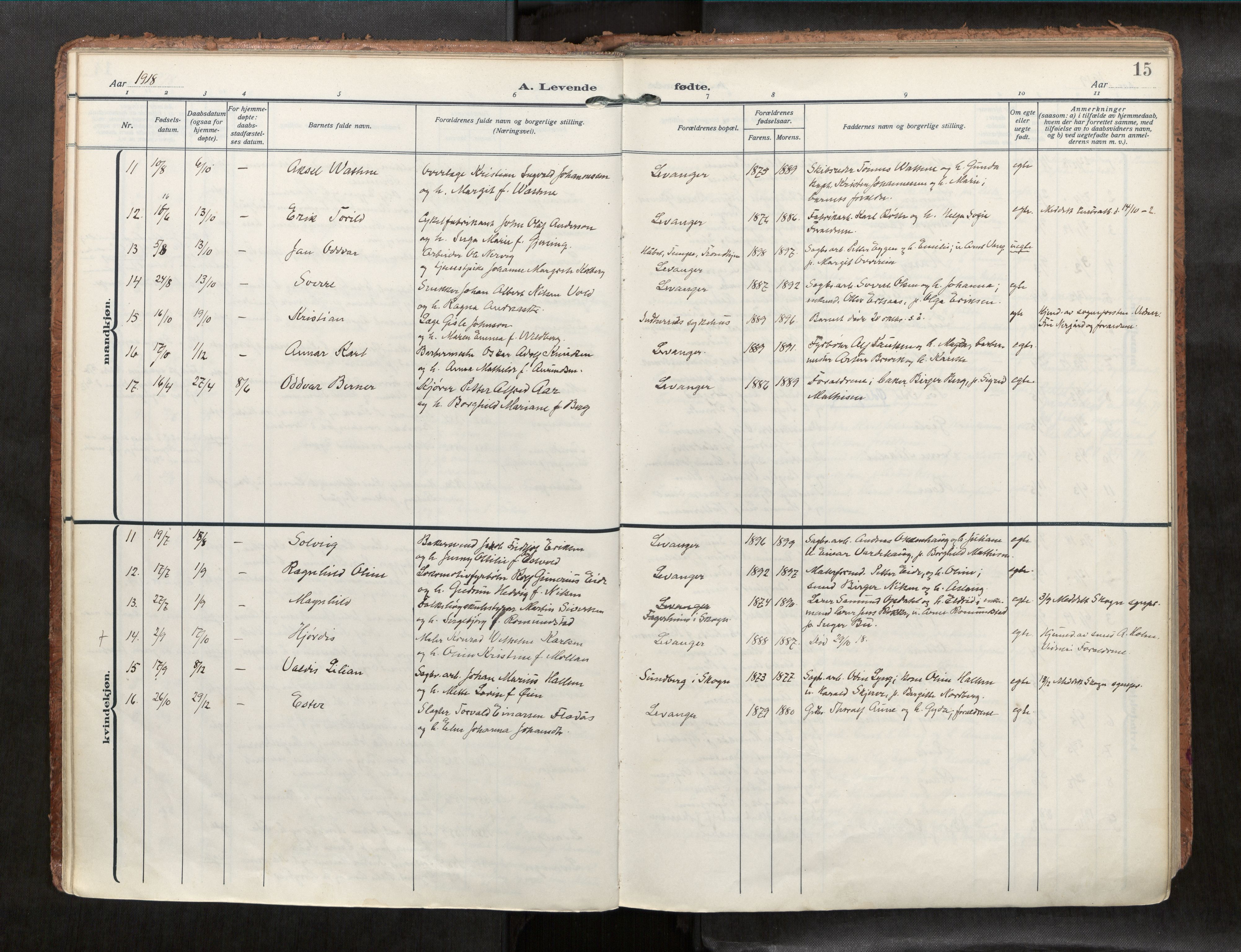 Levanger sokneprestkontor, SAT/A-1301/2/H/Haa/L0001: Parish register (official) no. 1, 1912-1932, p. 15