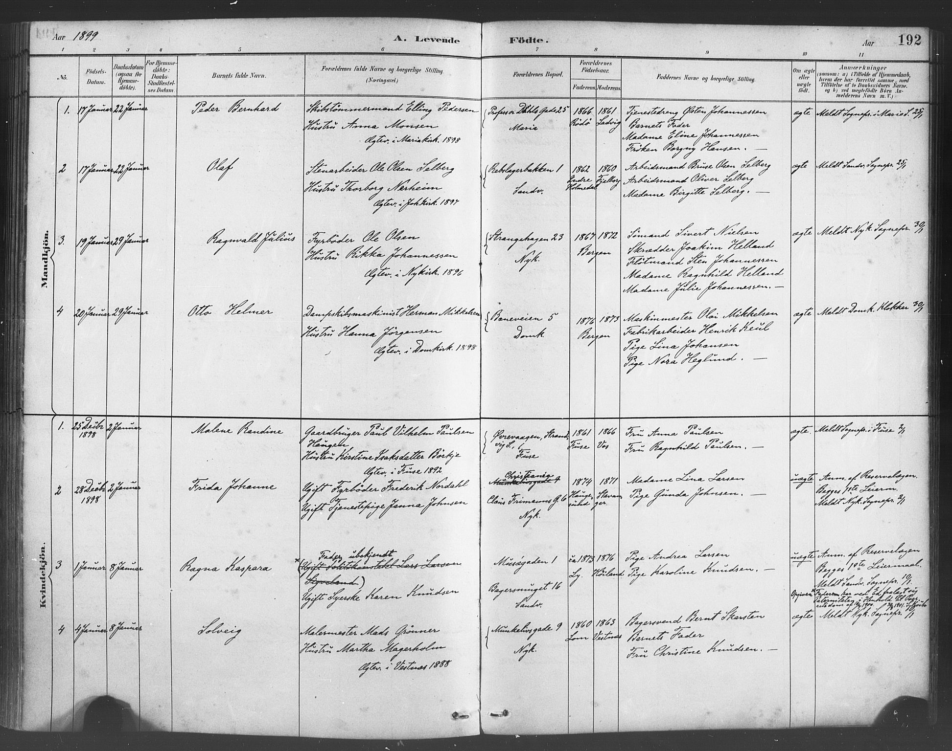 Fødselsstiftelsens sokneprestembete*, SAB/-: Parish register (official) no. A 2, 1884-1900, p. 192