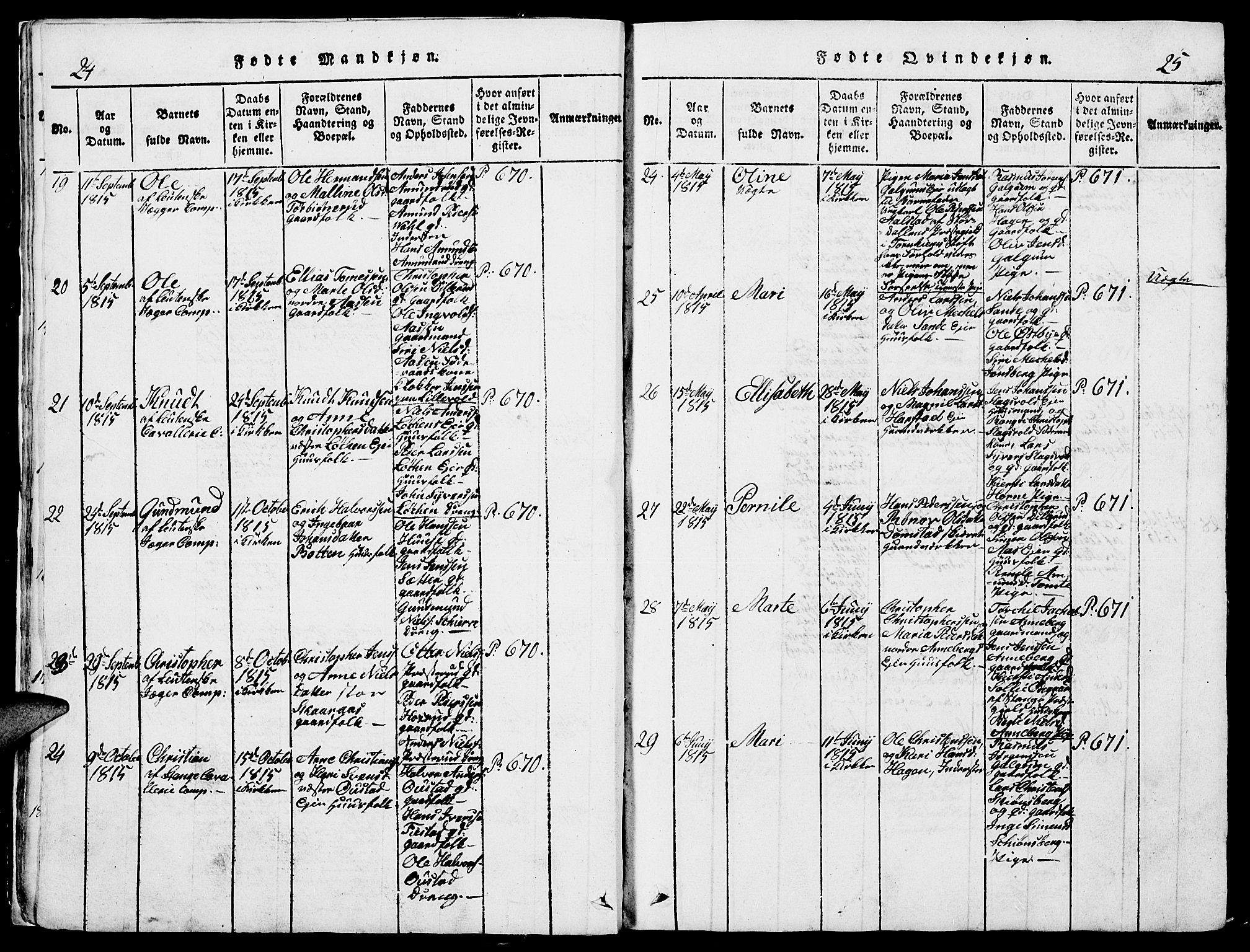Romedal prestekontor, SAH/PREST-004/L/L0005: Parish register (copy) no. 5, 1814-1829, p. 24-25