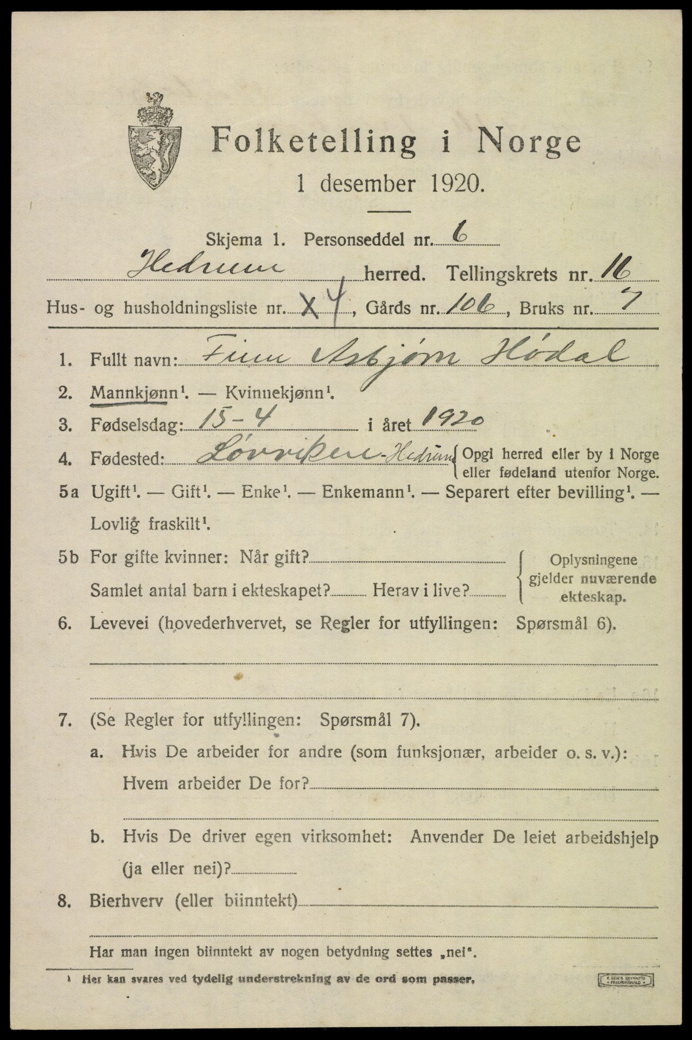 SAKO, 1920 census for Hedrum, 1920, p. 10283