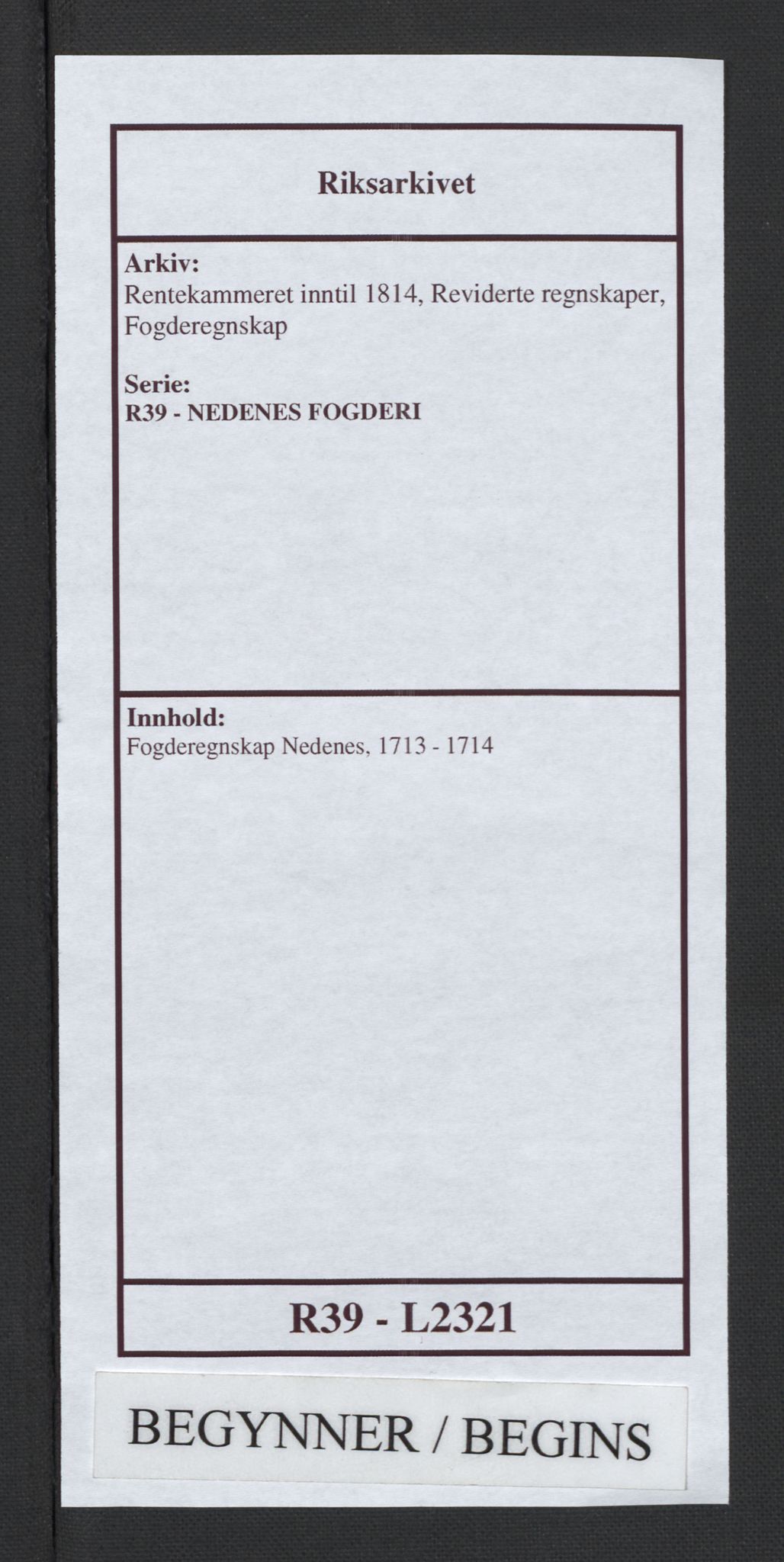 Rentekammeret inntil 1814, Reviderte regnskaper, Fogderegnskap, AV/RA-EA-4092/R39/L2321: Fogderegnskap Nedenes, 1713-1714, p. 1