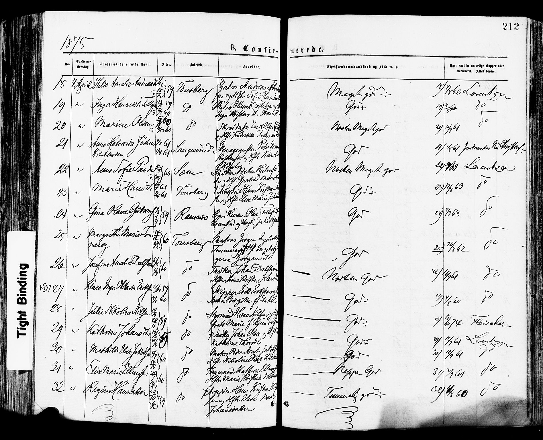 Tønsberg kirkebøker, AV/SAKO-A-330/F/Fa/L0010: Parish register (official) no. I 10, 1874-1880, p. 212