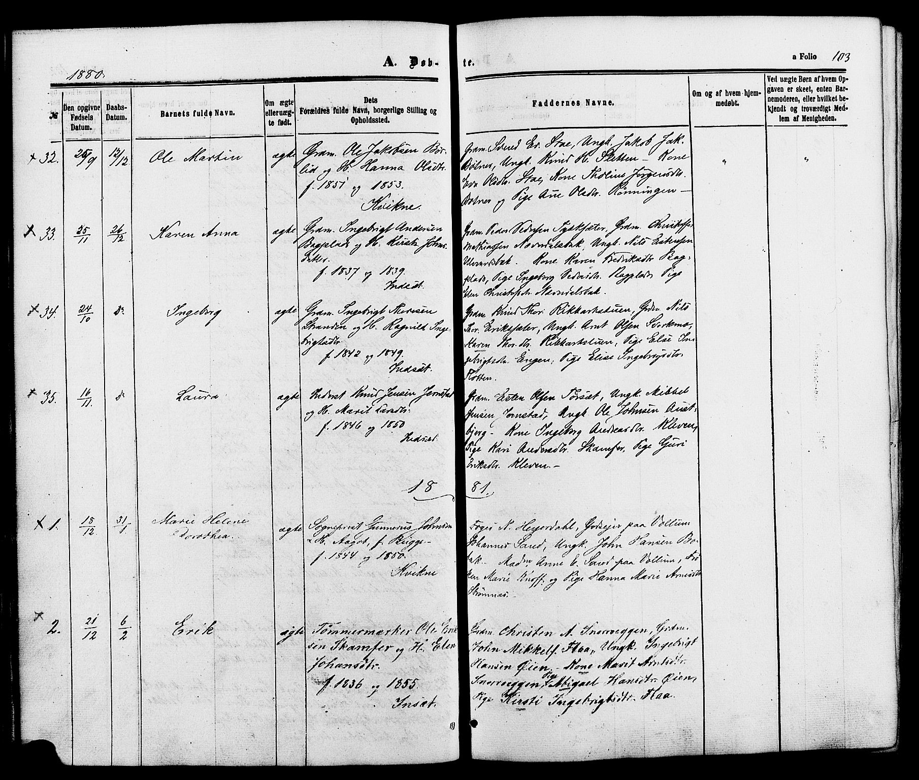 Kvikne prestekontor, SAH/PREST-064/H/Ha/Haa/L0006: Parish register (official) no. 6, 1863-1886, p. 103