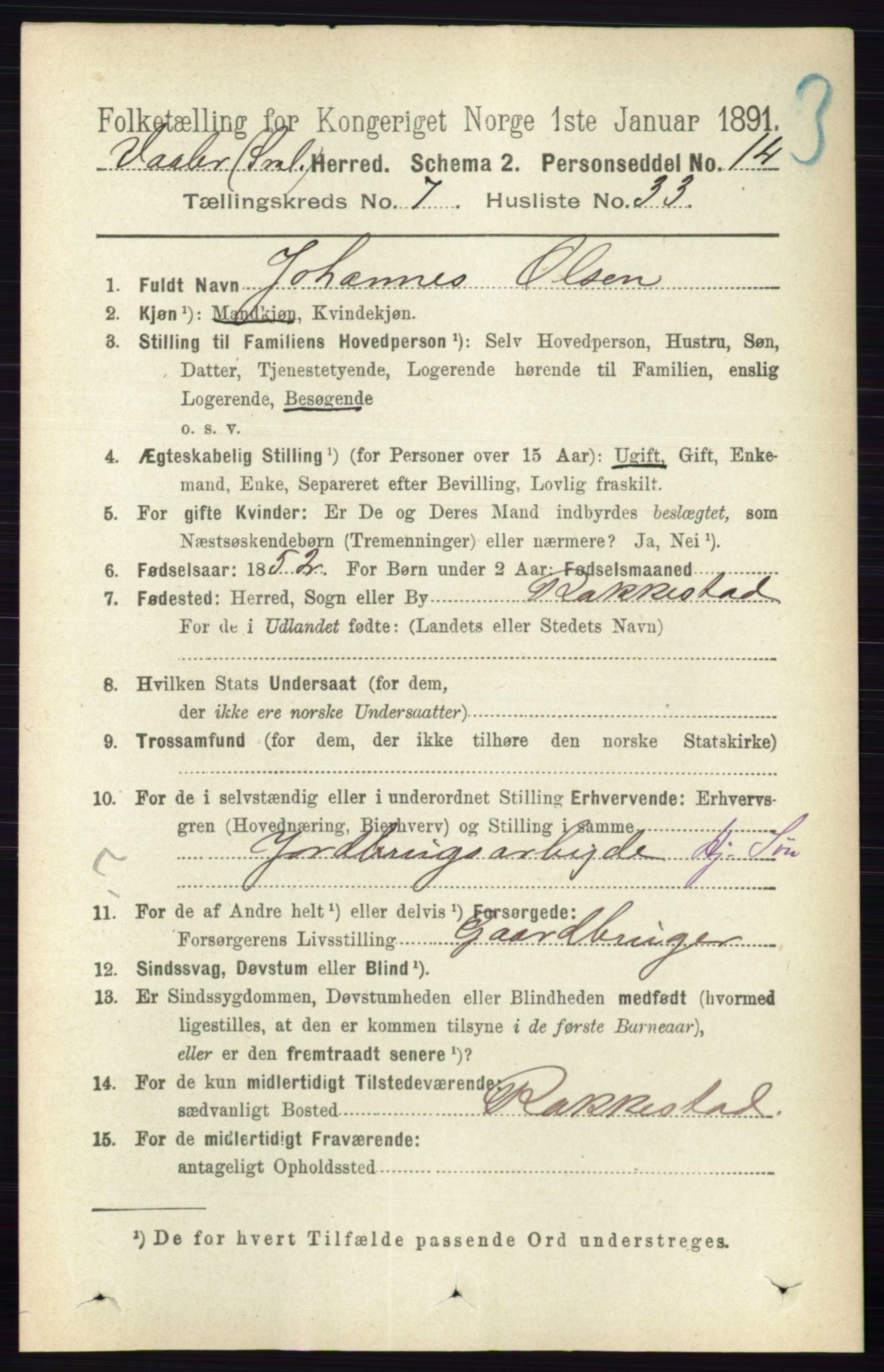 RA, 1891 census for 0137 Våler, 1891, p. 3058