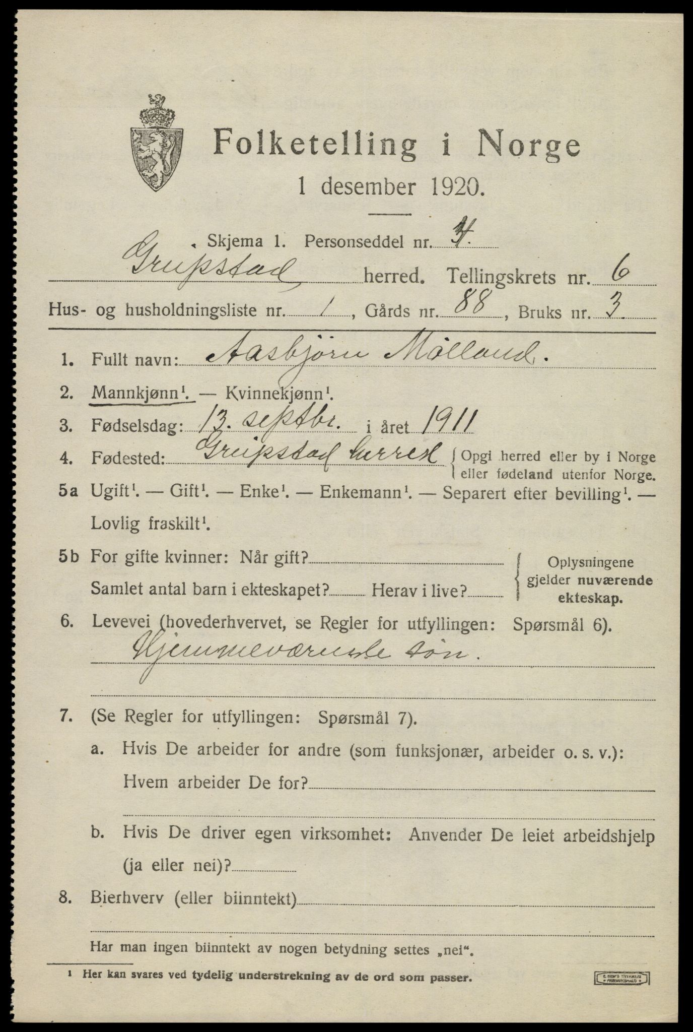 SAK, 1920 census for Greipstad, 1920, p. 1878