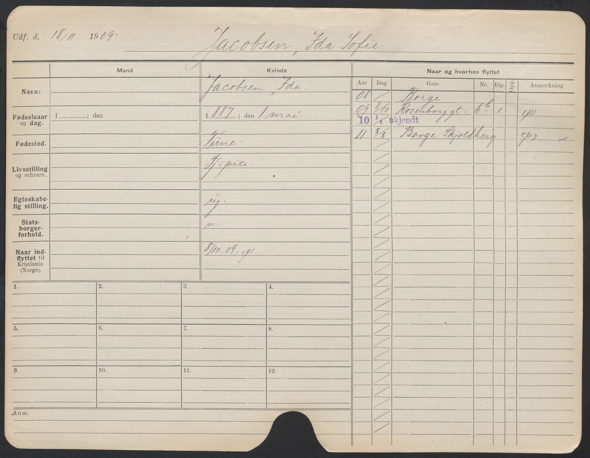 Oslo folkeregister, Registerkort, AV/SAO-A-11715/F/Fa/Fac/L0017: Kvinner, 1906-1914, p. 201a