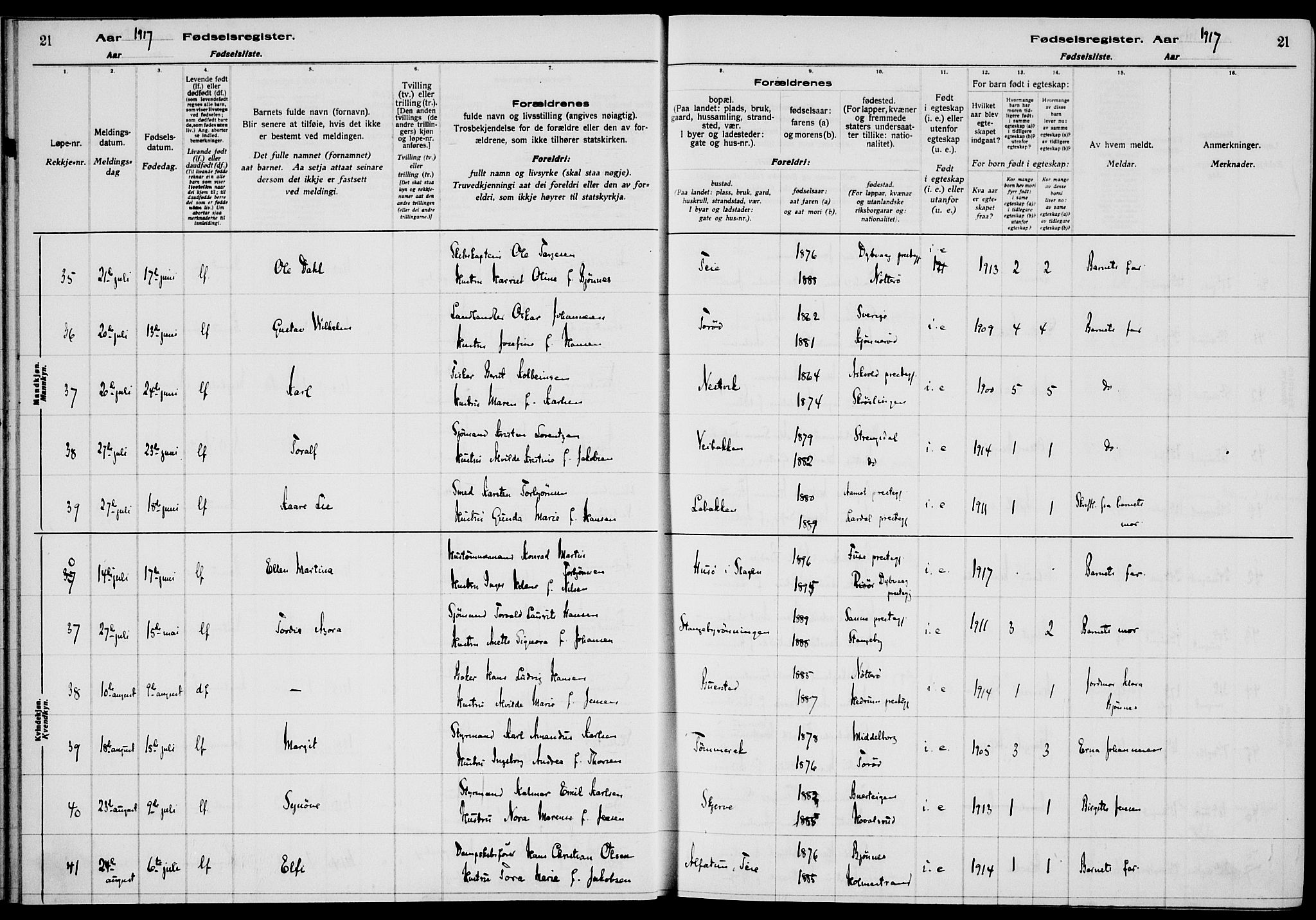 Nøtterøy kirkebøker, AV/SAKO-A-354/J/Ja/L0001: Birth register no. 1, 1916-1928, p. 21