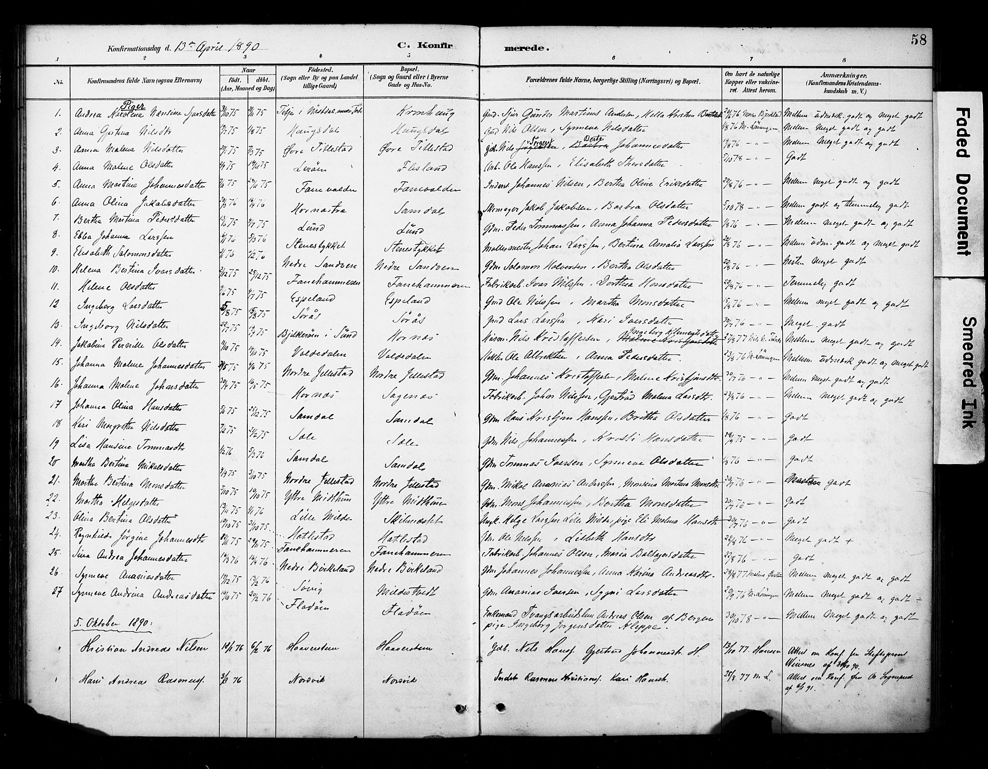 Fana Sokneprestembete, AV/SAB-A-75101/H/Haa/Haab/L0002: Parish register (official) no. B 2, 1890-1897, p. 58