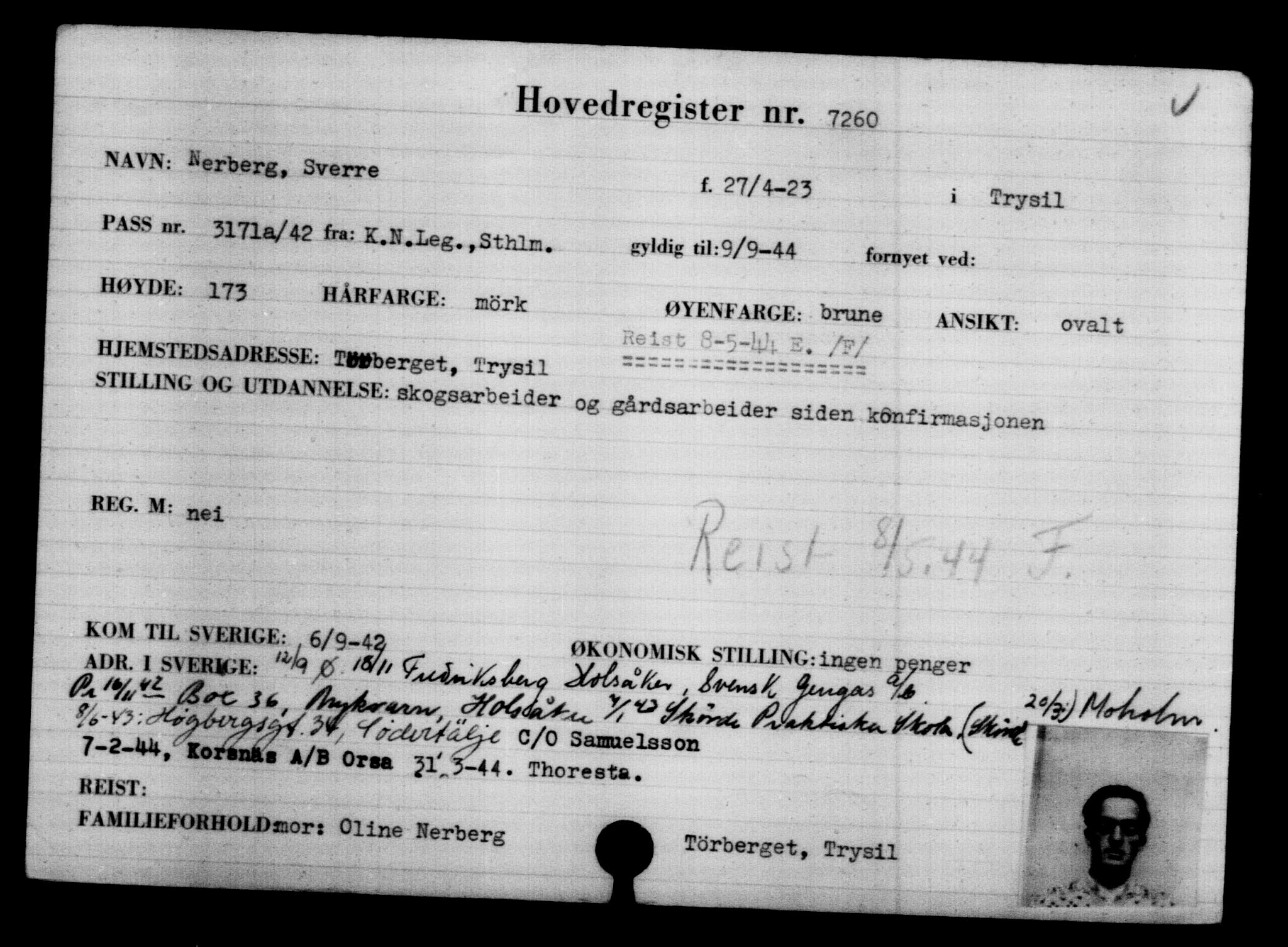 Utenriksstasjonene, Legasjonen i Stockholm, Flyktningkontoret, AV/RA-S-6753/V/Va/L0005: Kjesäterkartoteket, flyktninger med registreringsnr. 6600-9417, 1940-1945, p. 782