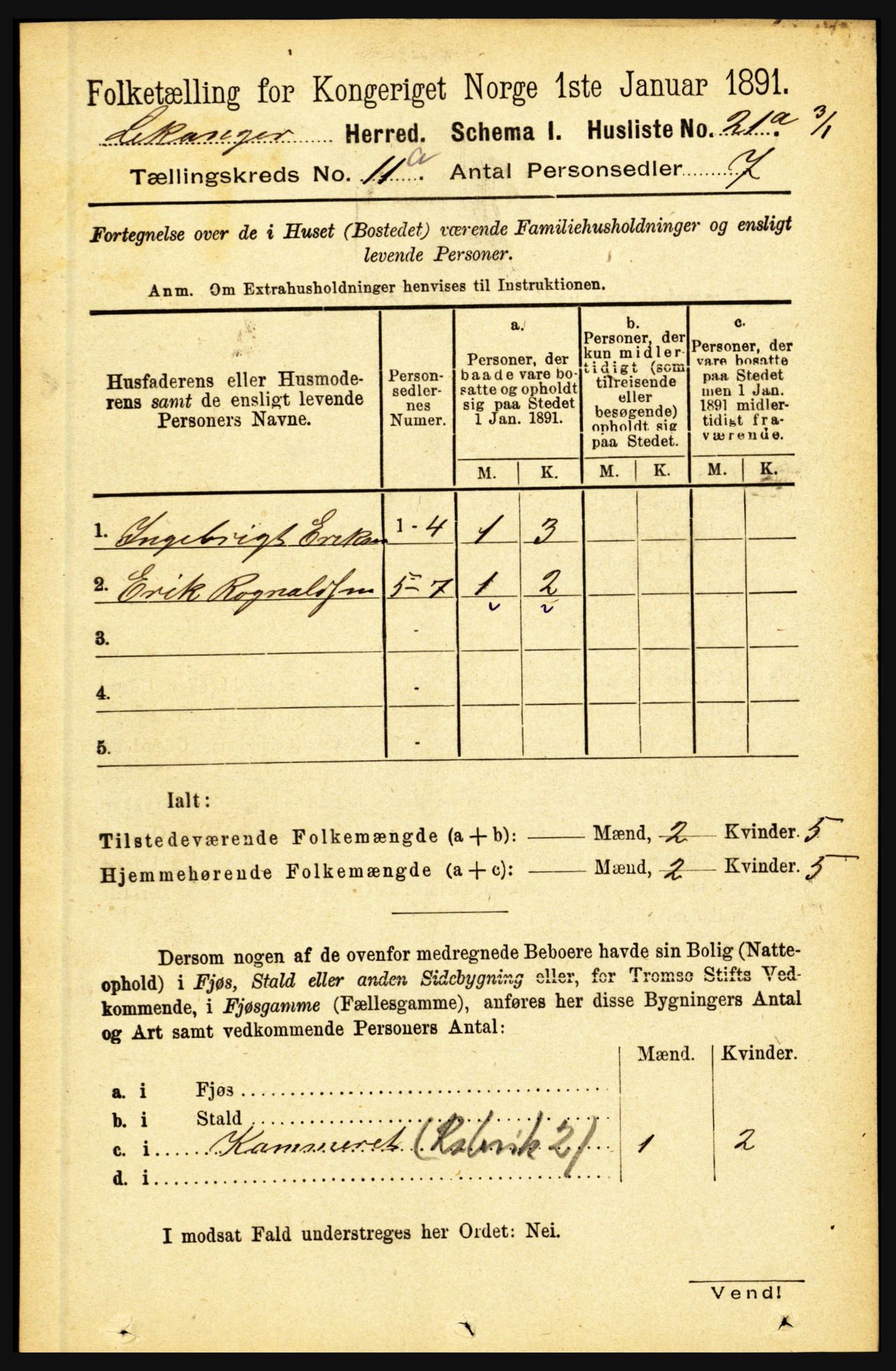 RA, 1891 census for 1419 Leikanger, 1891, p. 1960