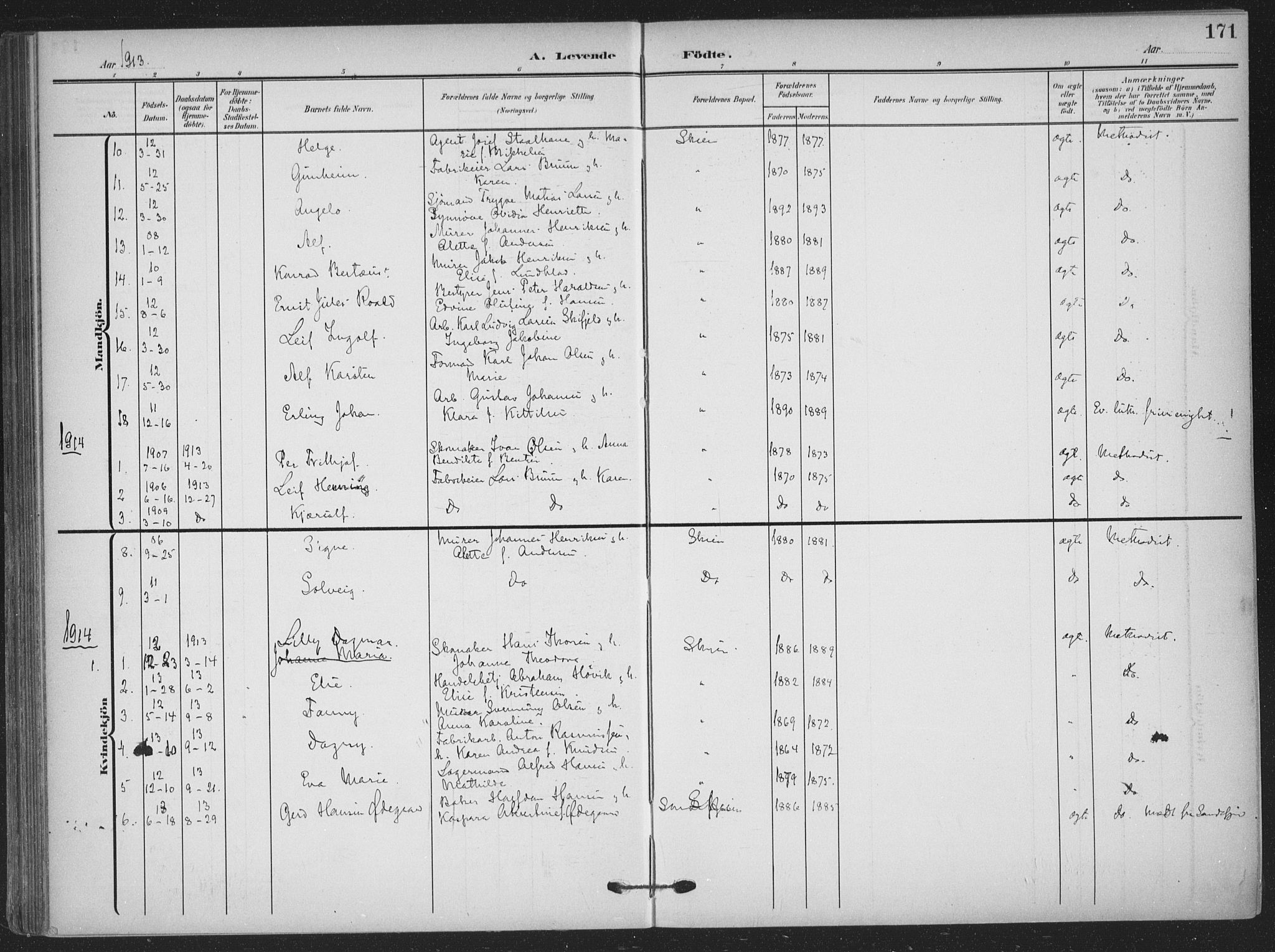 Skien kirkebøker, AV/SAKO-A-302/F/Fa/L0012: Parish register (official) no. 12, 1908-1914, p. 171