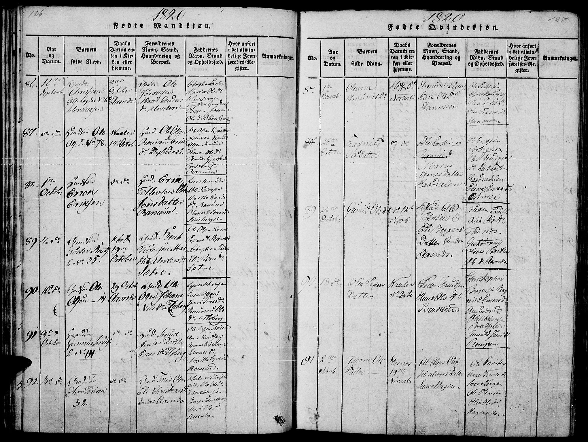 Hof prestekontor, AV/SAH-PREST-038/H/Ha/Haa/L0005: Parish register (official) no. 5, 1816-1822, p. 126-127