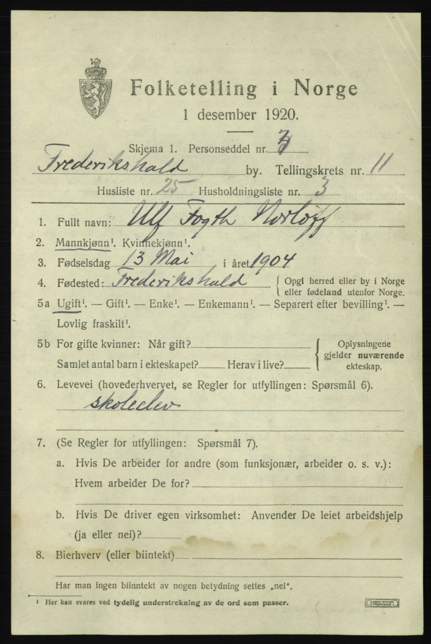 SAO, 1920 census for Fredrikshald, 1920, p. 19371