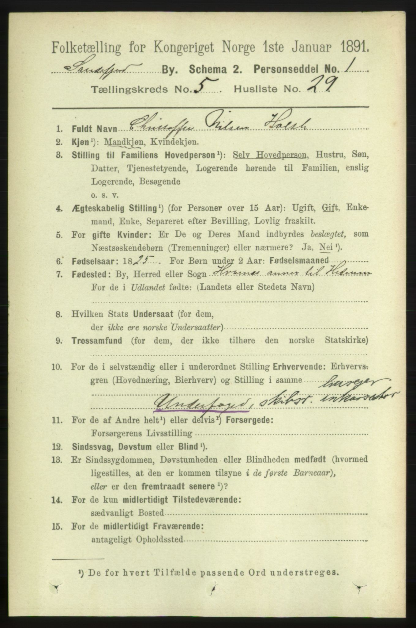 RA, 1891 census for 0706 Sandefjord, 1891, p. 2047