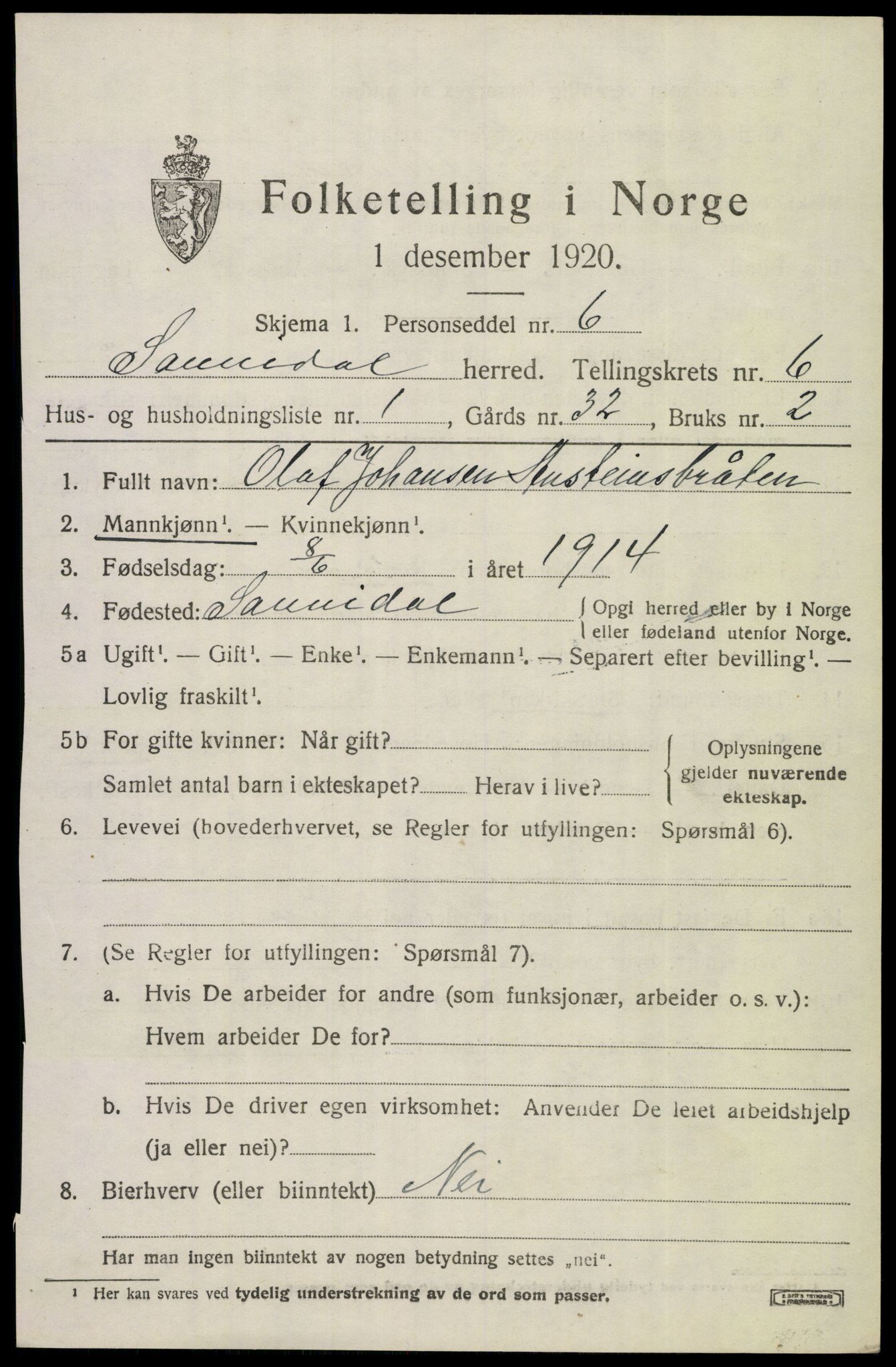 SAKO, 1920 census for Sannidal, 1920, p. 4685