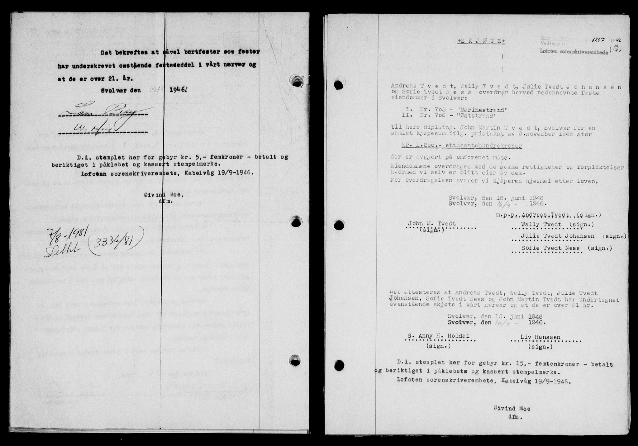 Lofoten sorenskriveri, SAT/A-0017/1/2/2C/L0014a: Mortgage book no. 14a, 1946-1946, Diary no: : 1287/1946