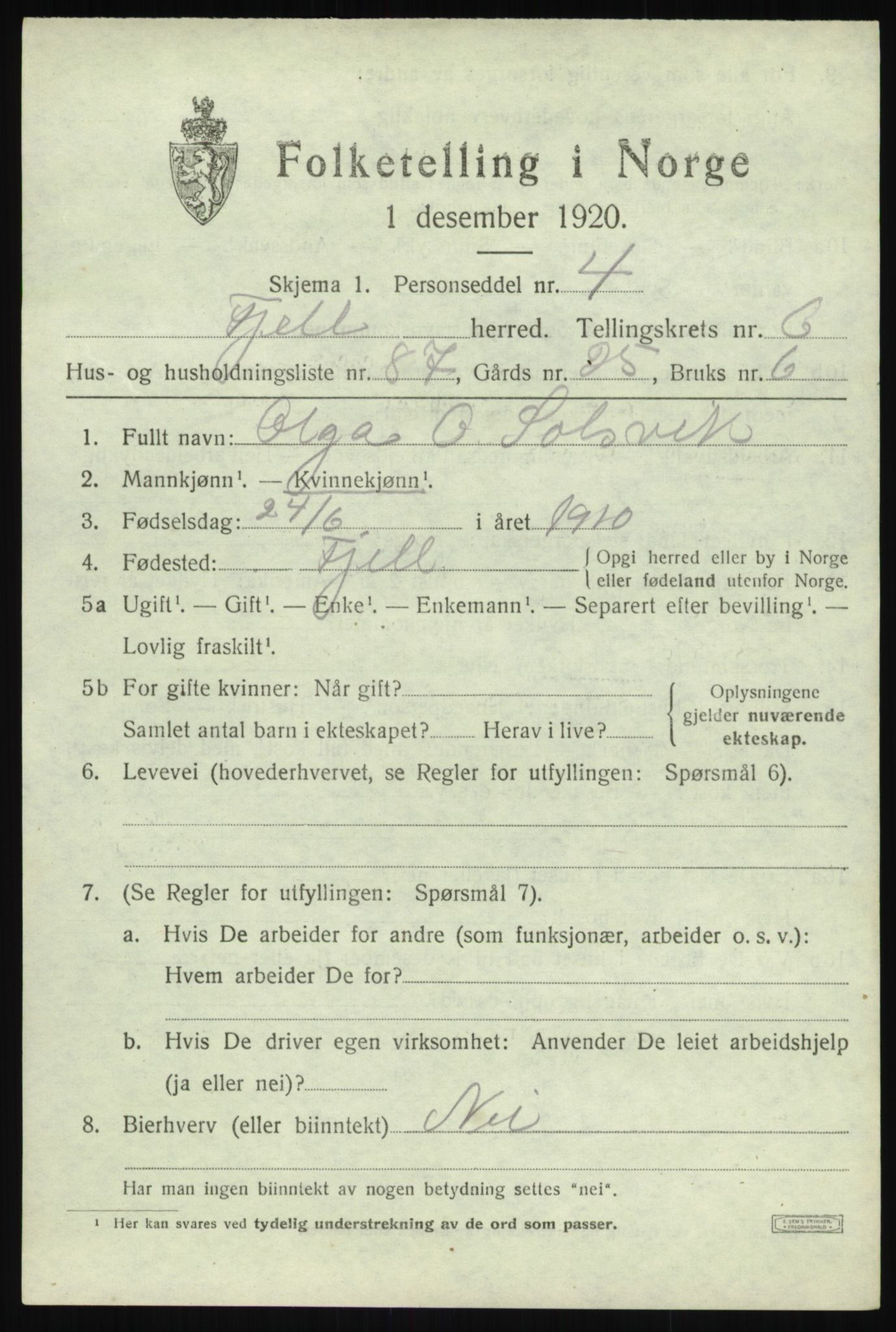 SAB, 1920 census for Fjell, 1920, p. 6388