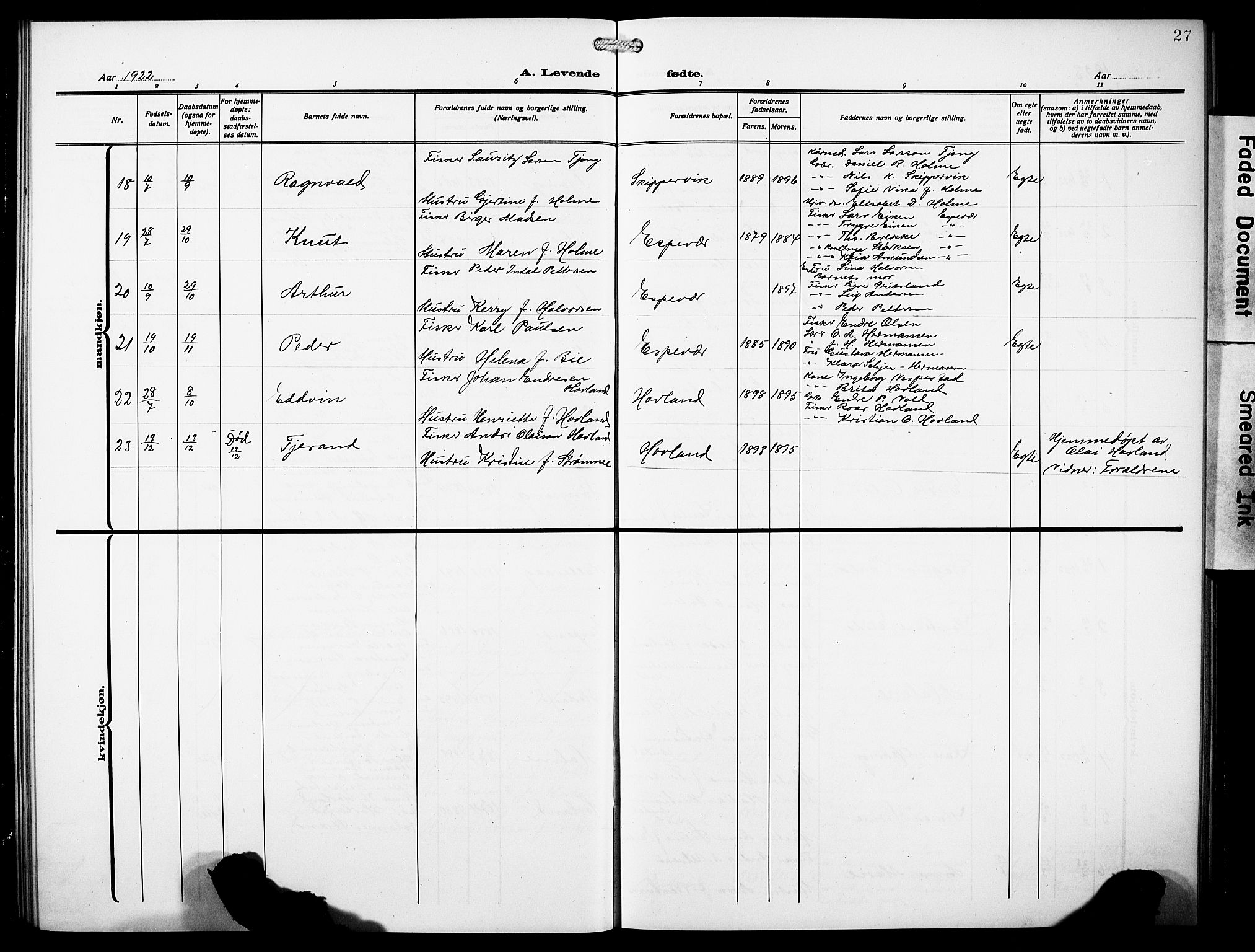 Finnås sokneprestembete, AV/SAB-A-99925/H/Ha/Hab/Habc/L0004: Parish register (copy) no. C 4, 1917-1931, p. 27