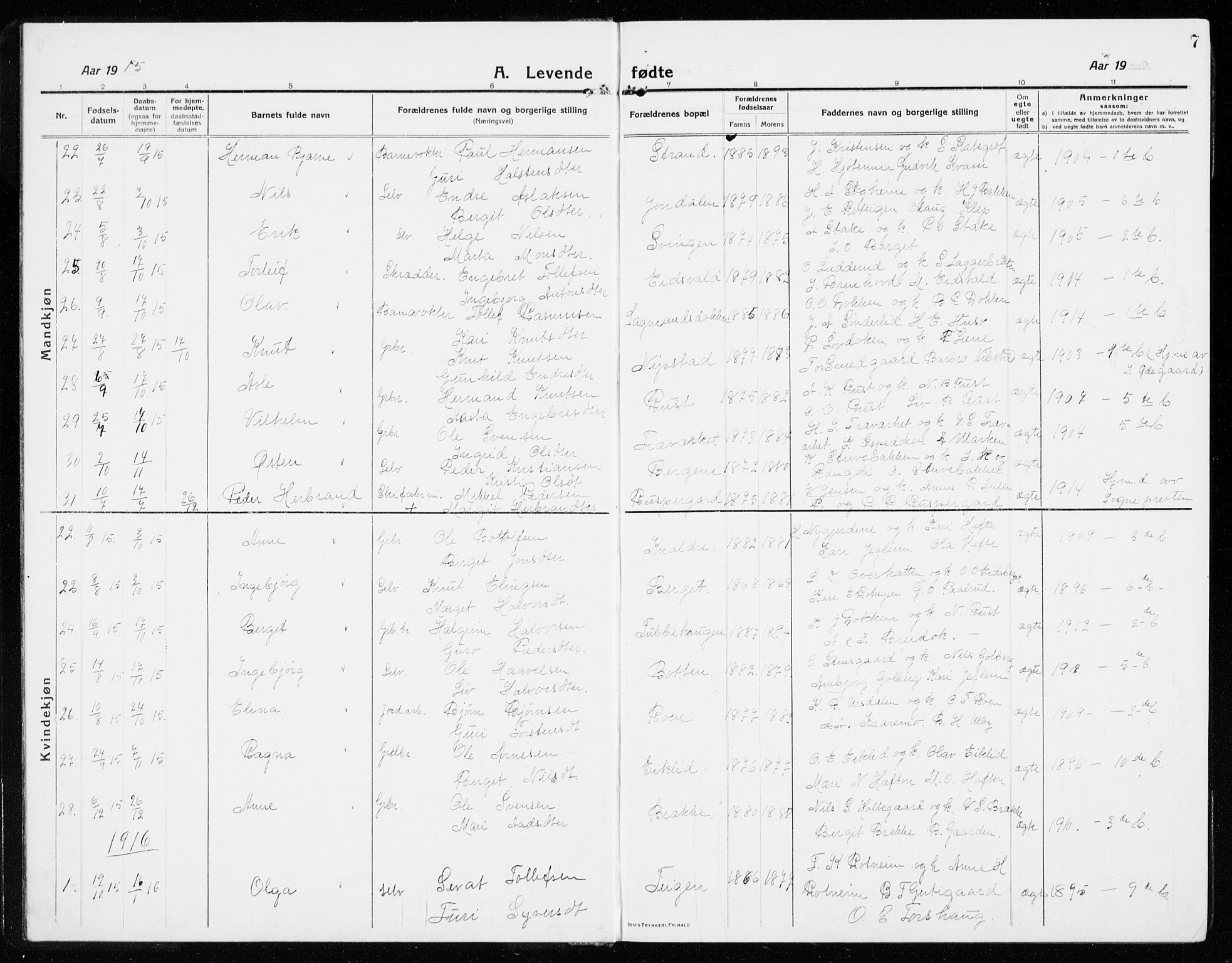 Gol kirkebøker, AV/SAKO-A-226/G/Ga/L0004: Parish register (copy) no. I 4, 1915-1943, p. 7