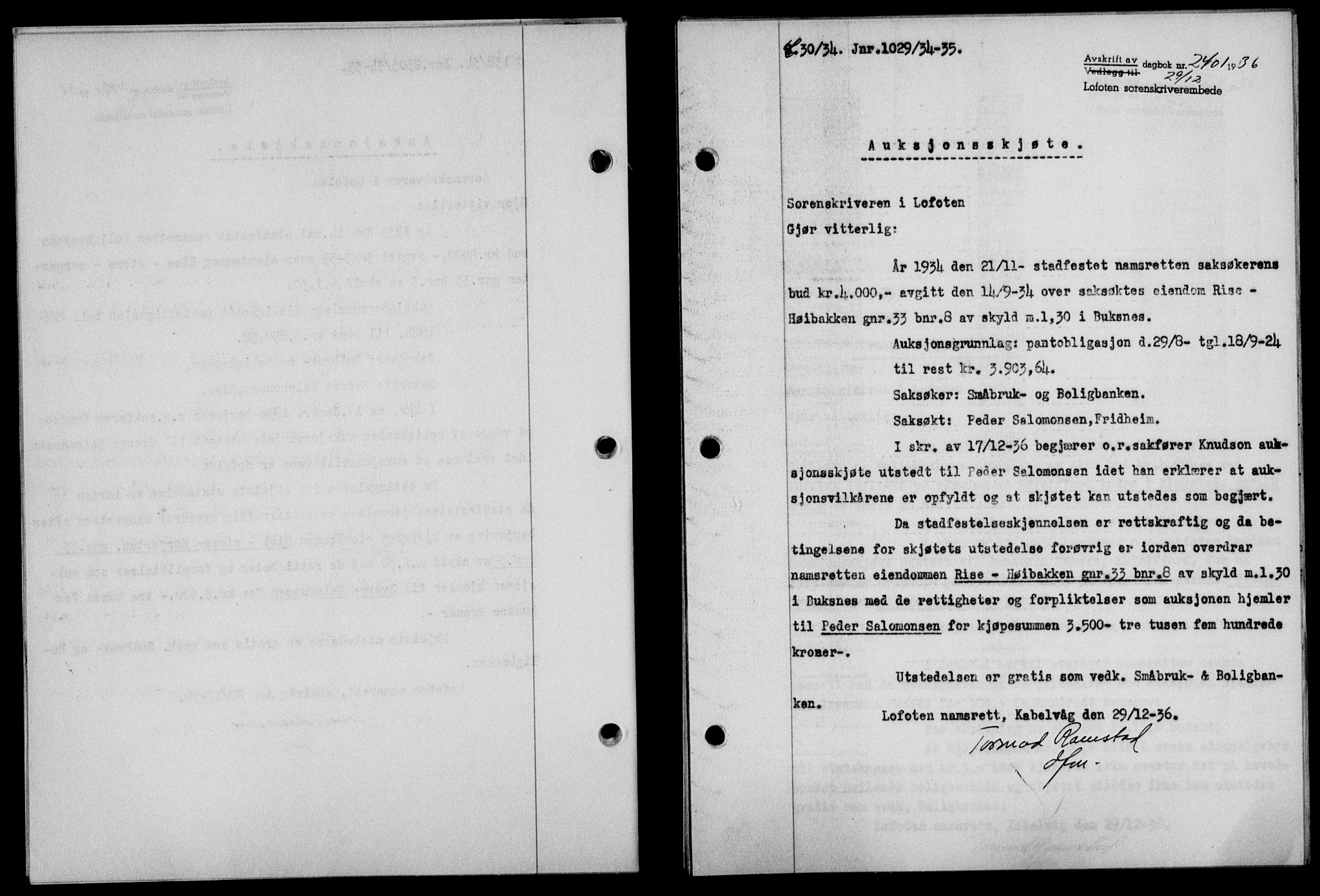Lofoten sorenskriveri, SAT/A-0017/1/2/2C/L0001a: Mortgage book no. 1a, 1936-1937, Diary no: : 2401/1936