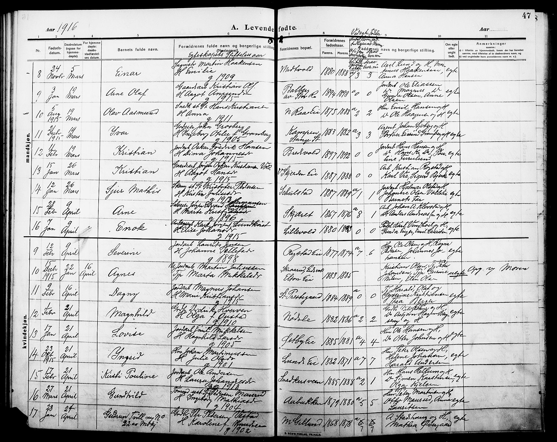 Stange prestekontor, AV/SAH-PREST-002/L/L0014: Parish register (copy) no. 14, 1909-1917, p. 47