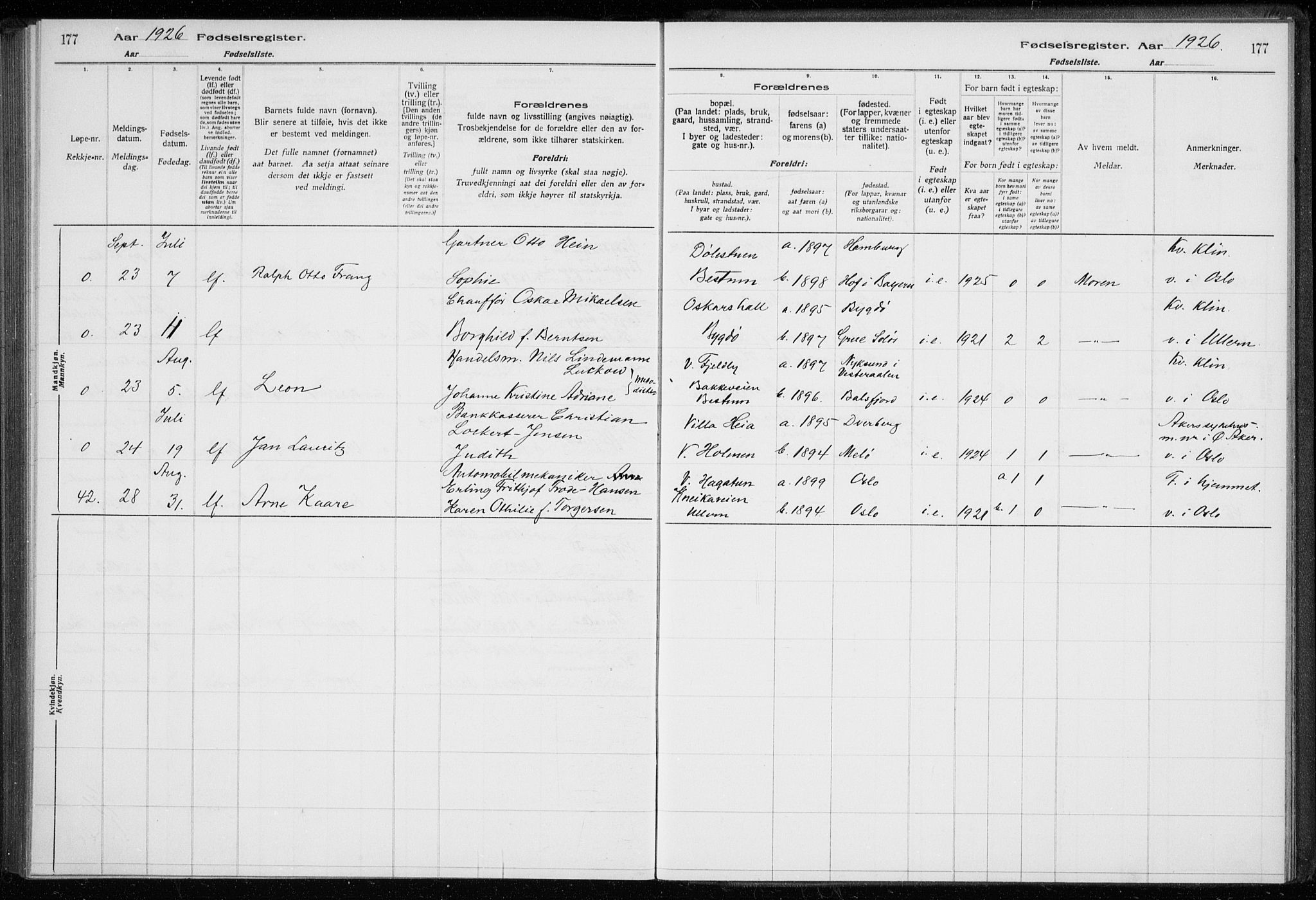 Ullern prestekontor Kirkebøker, AV/SAO-A-10740/J/L0001: Birth register no. 1, 1916-1928, p. 177