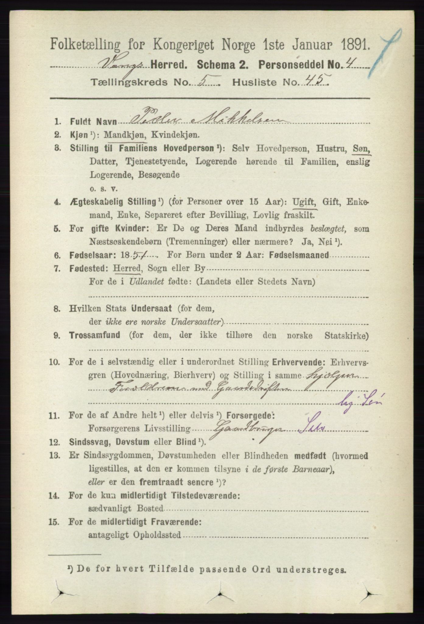 RA, 1891 census for 0414 Vang, 1891, p. 3757