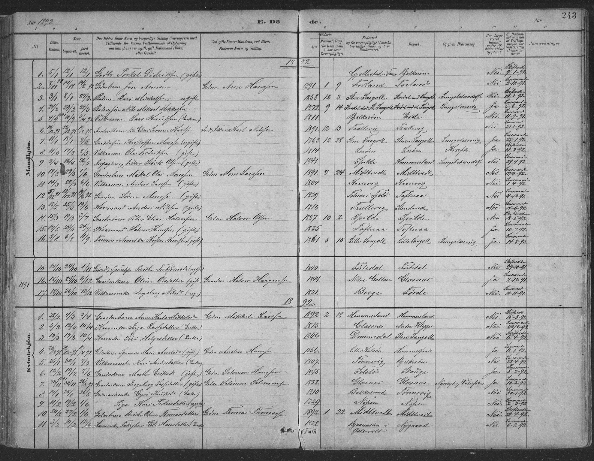 Sund sokneprestembete, SAB/A-99930: Parish register (copy) no. B 3, 1882-1911, p. 243