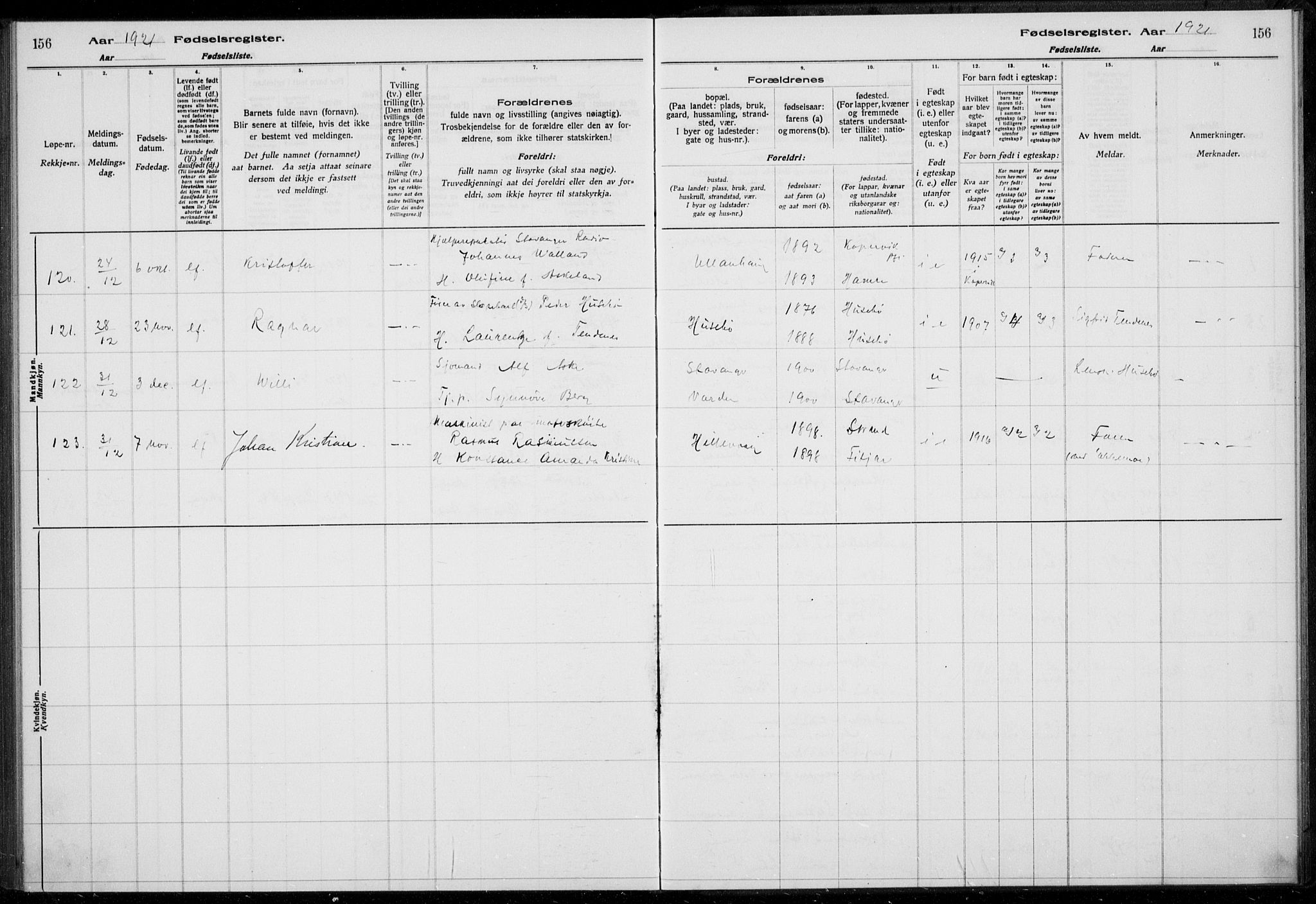 Hetland sokneprestkontor, AV/SAST-A-101826/70/704BA/L0003: Birth register no. 1, 1916-1923, p. 156