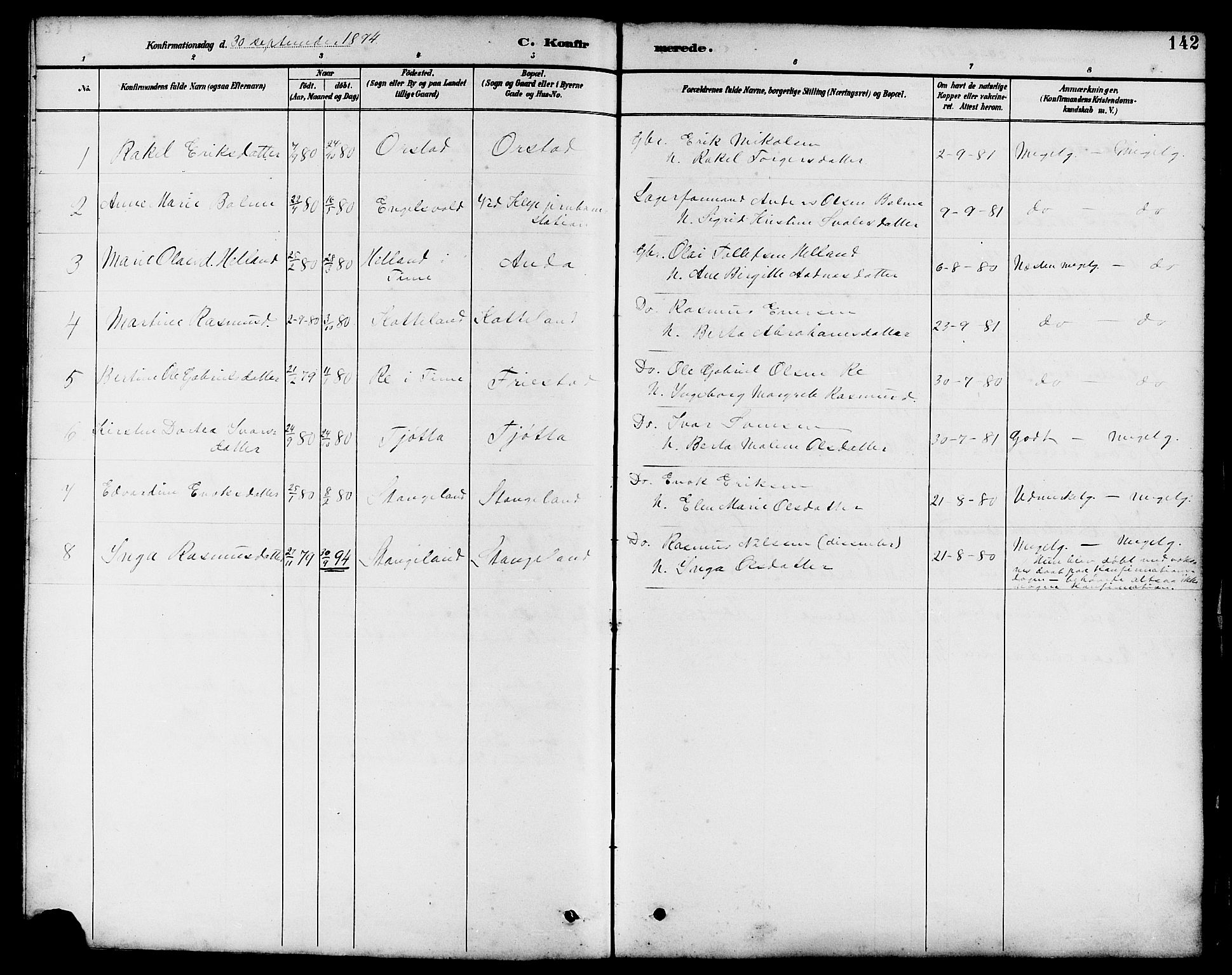 Klepp sokneprestkontor, AV/SAST-A-101803/001/3/30BB/L0004: Parish register (copy) no. B 4, 1889-1914, p. 142