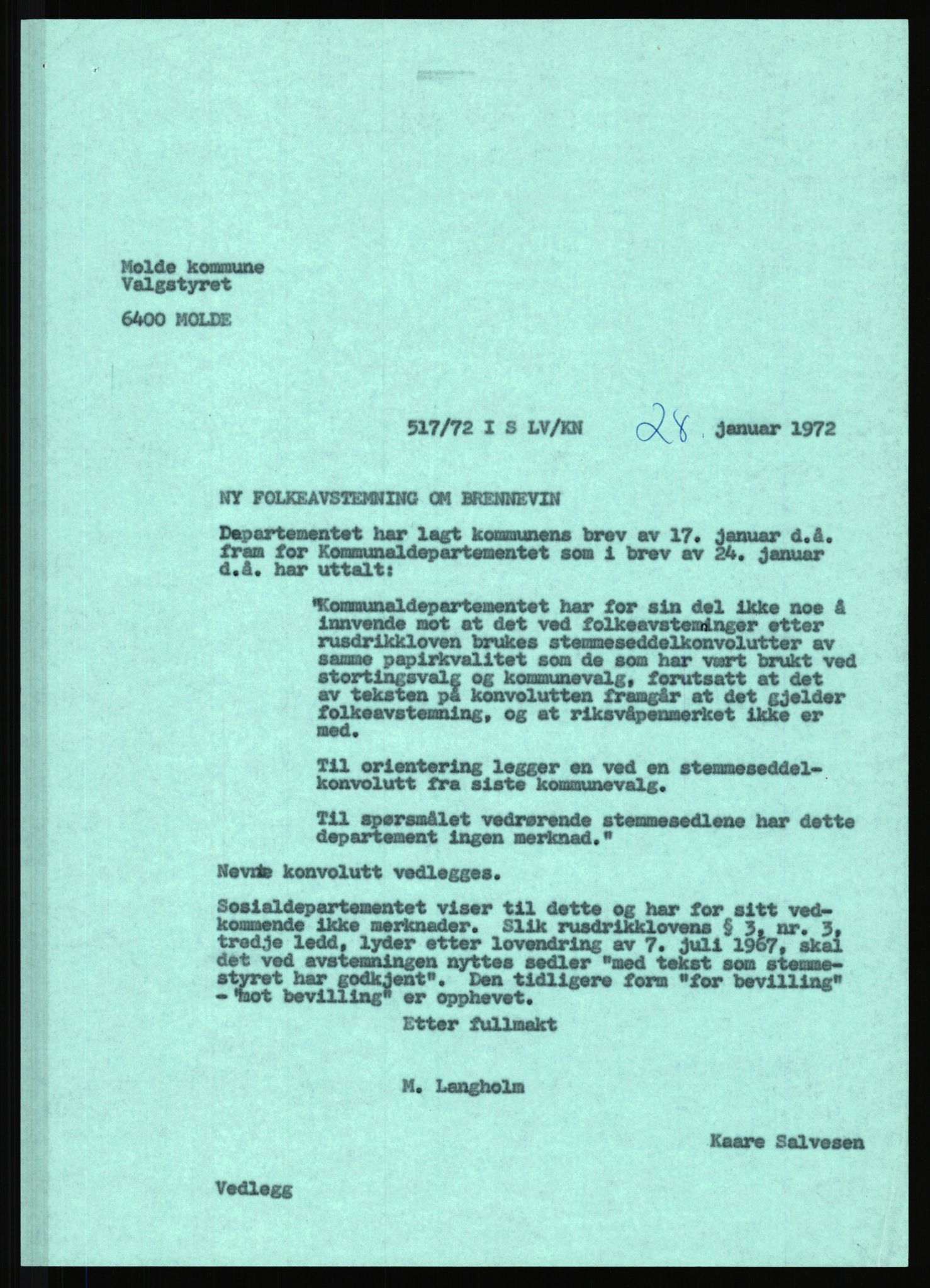 Sosialdepartementet, 2. sosialkontor D (1948-1975), AV/RA-S-3455/D/Da/L0116/0002: -- / Brennevinsavstemning i Molde kommune, 1970-1972, p. 2