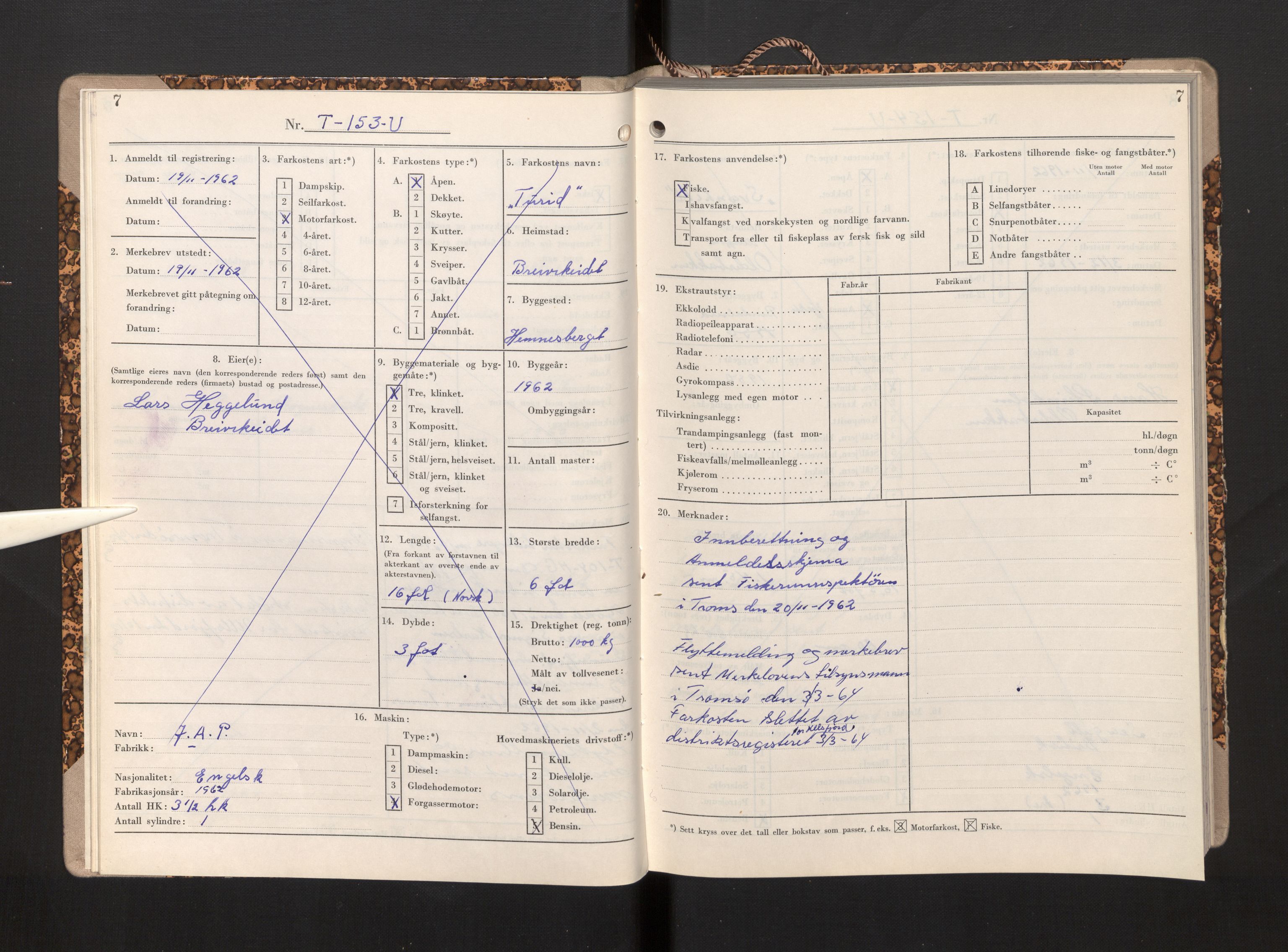 Fiskeridirektoratet - 1 Adm. ledelse - 13 Båtkontoret, AV/SAB-A-2003/I/Ia/Iab/L0087: 135.0233/2  Merkeprotokoll - Ullsfjord, 1962-1963