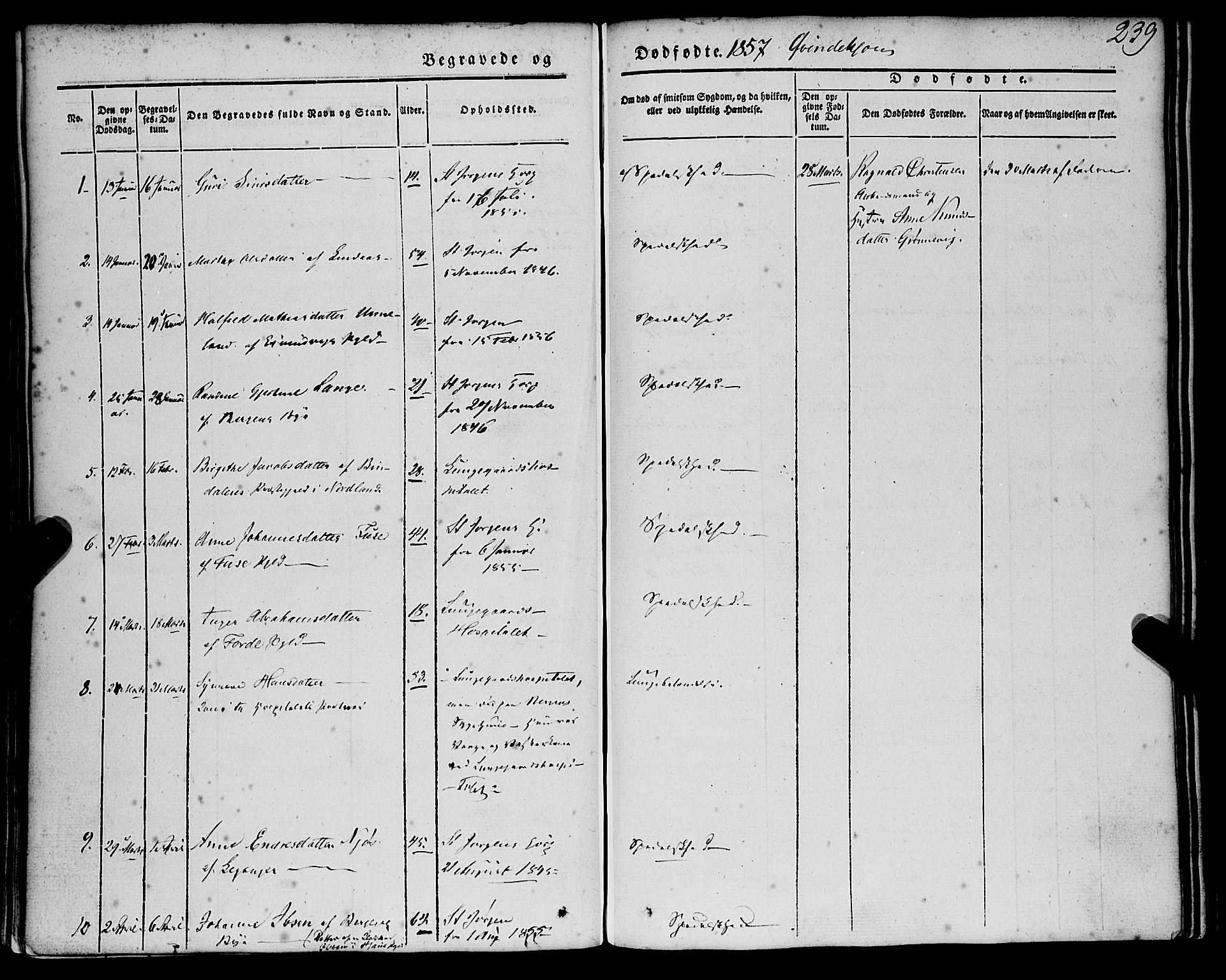 St. Jørgens hospital og Årstad sokneprestembete, SAB/A-99934: Parish register (official) no. A 4, 1844-1863, p. 239