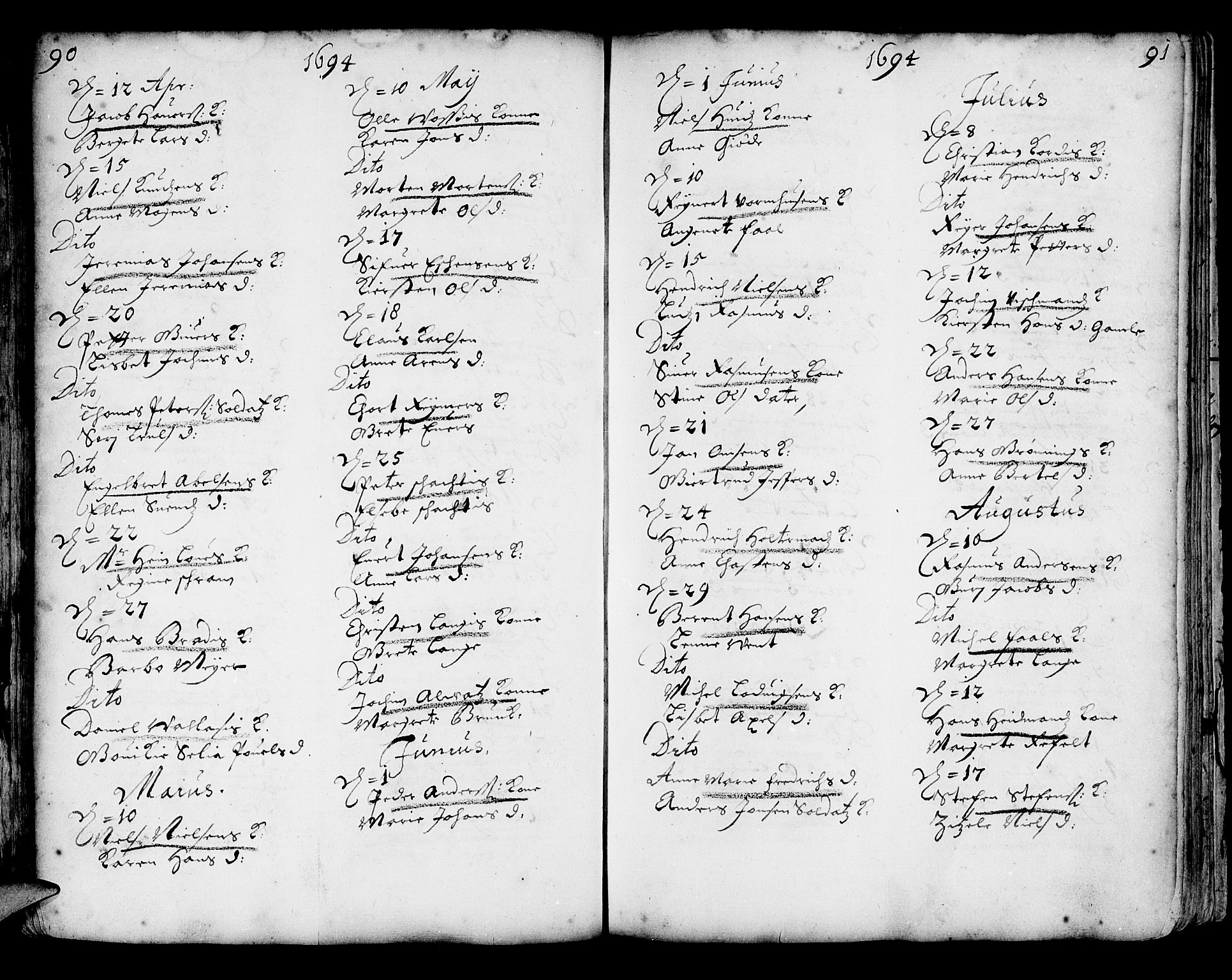 Korskirken sokneprestembete, AV/SAB-A-76101/H/Haa/L0002: Parish register (official) no. A 2, 1688-1697, p. 90-91