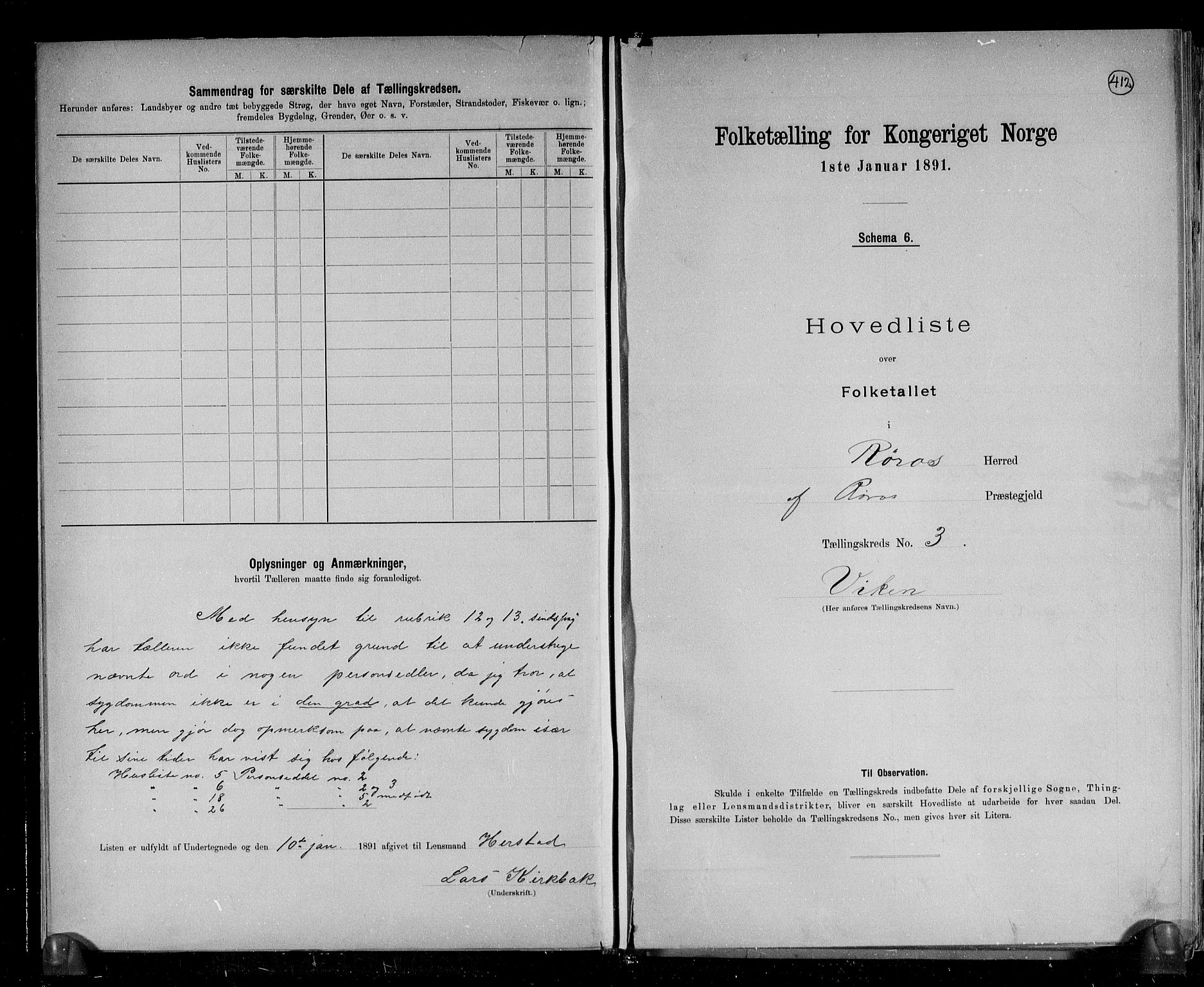 RA, 1891 census for 1640 Røros, 1891, p. 9