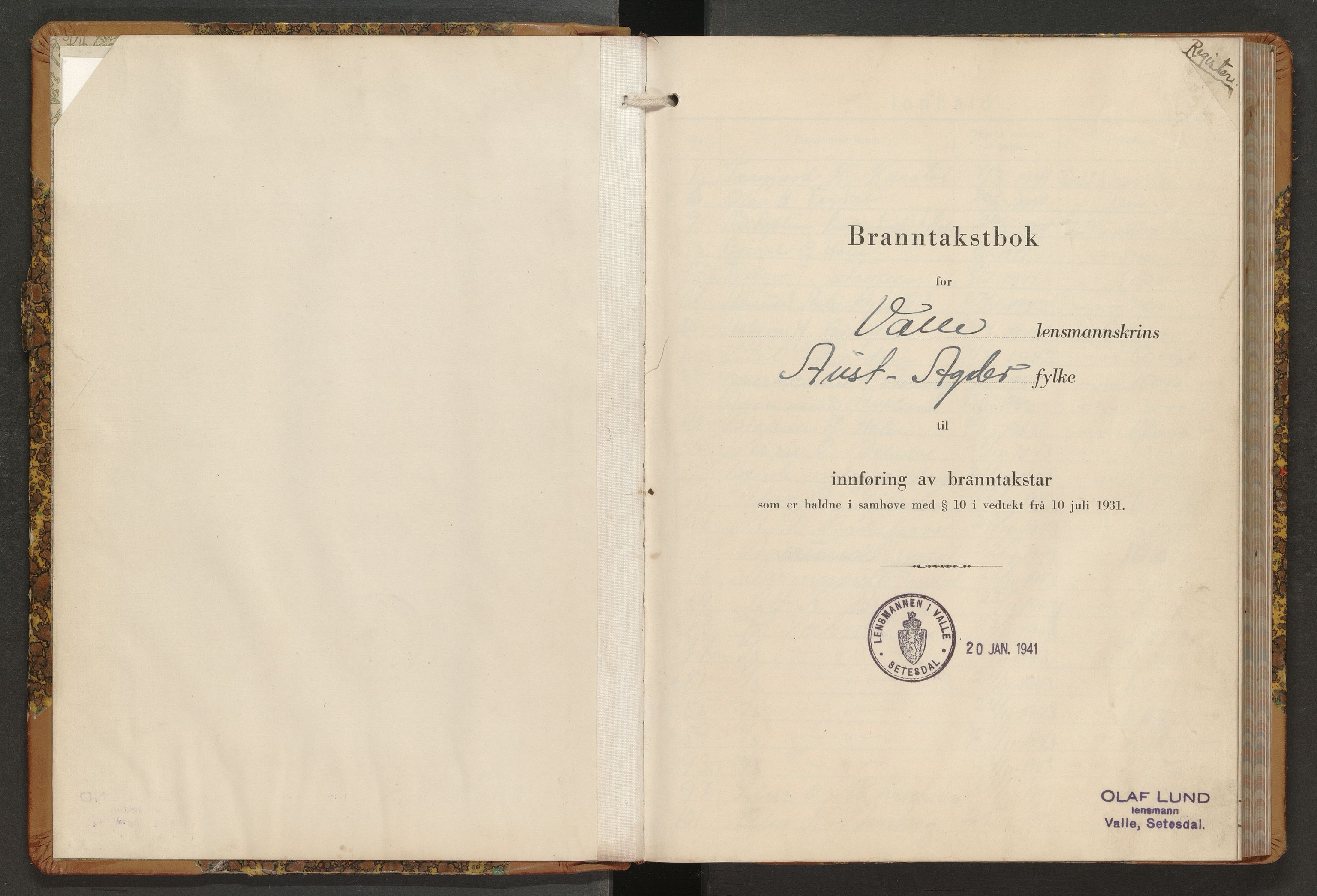 Norges Brannkasse Valle, AV/SAK-2241-0052/F/Fa/L0004: Branntakstprotokoll nr. 4 med gårdsnavnregister, 1941-1949