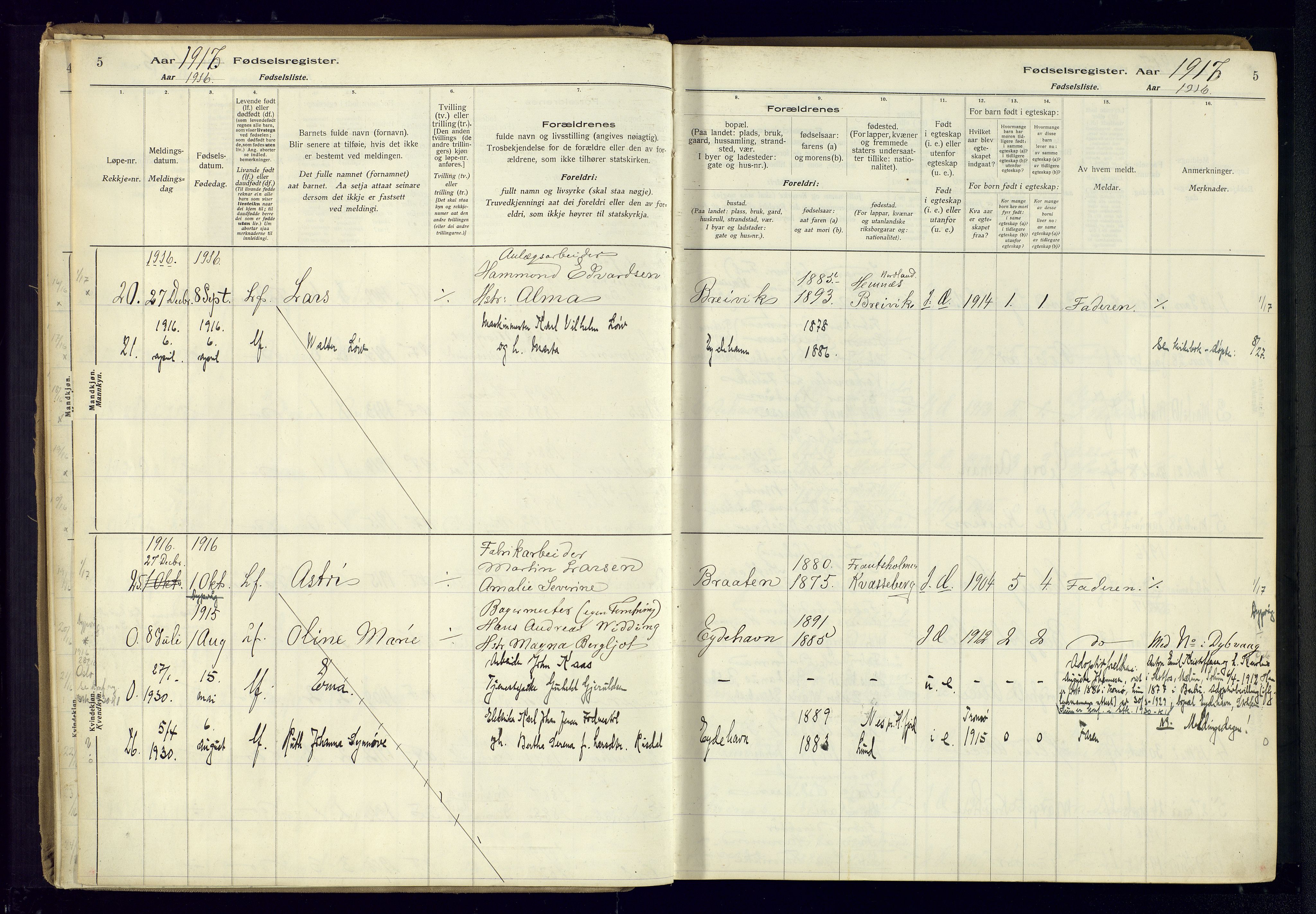 Austre Moland sokneprestkontor, SAK/1111-0001/J/Ja/L0003: Birth register no. A-VI-27, 1916-1950, p. 5