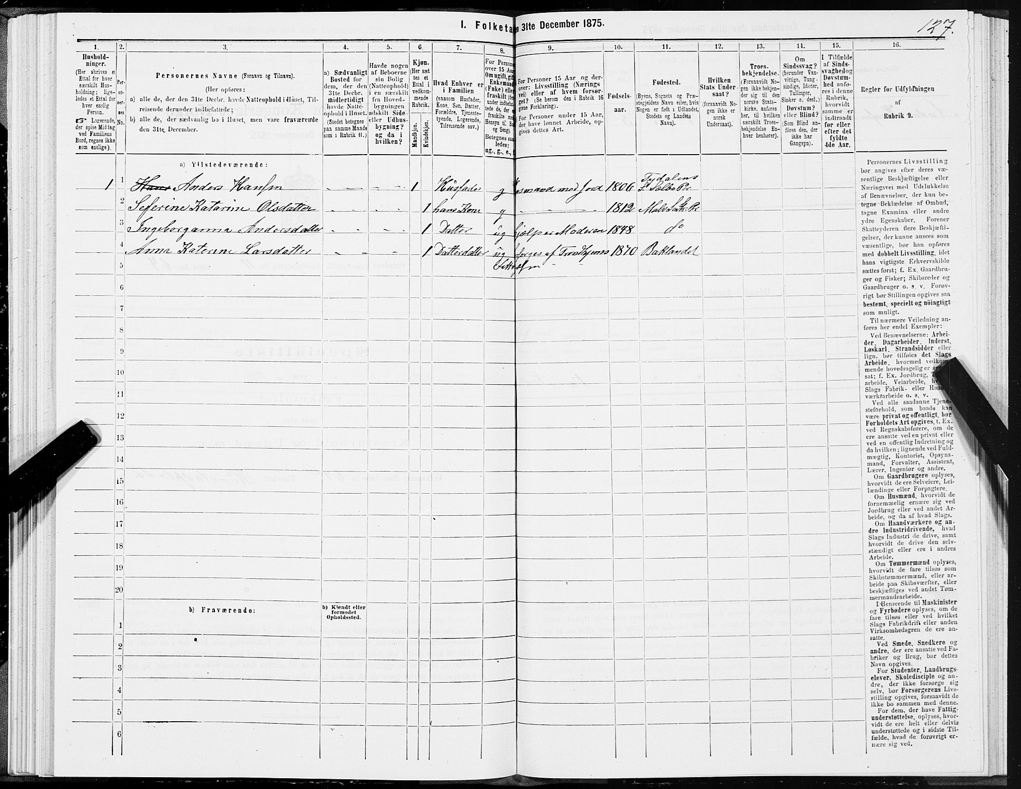 SAT, 1875 census for 1660P Strinda, 1875, p. 7127