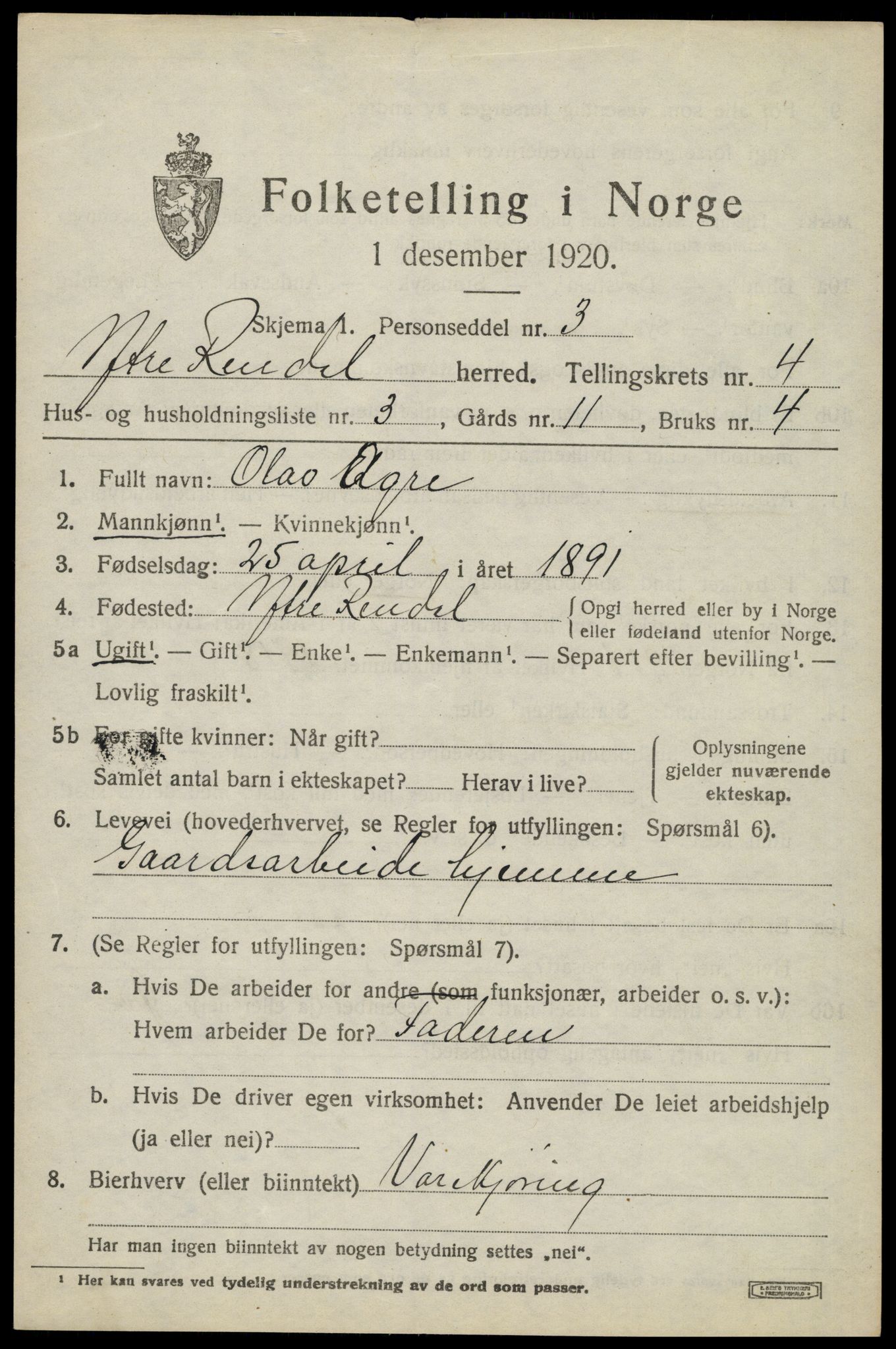 SAH, 1920 census for Ytre Rendal, 1920, p. 2083