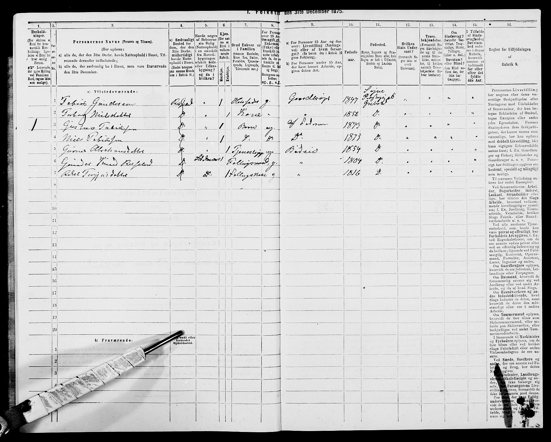 SAK, 1875 census for 1018P Søgne, 1875, p. 1126