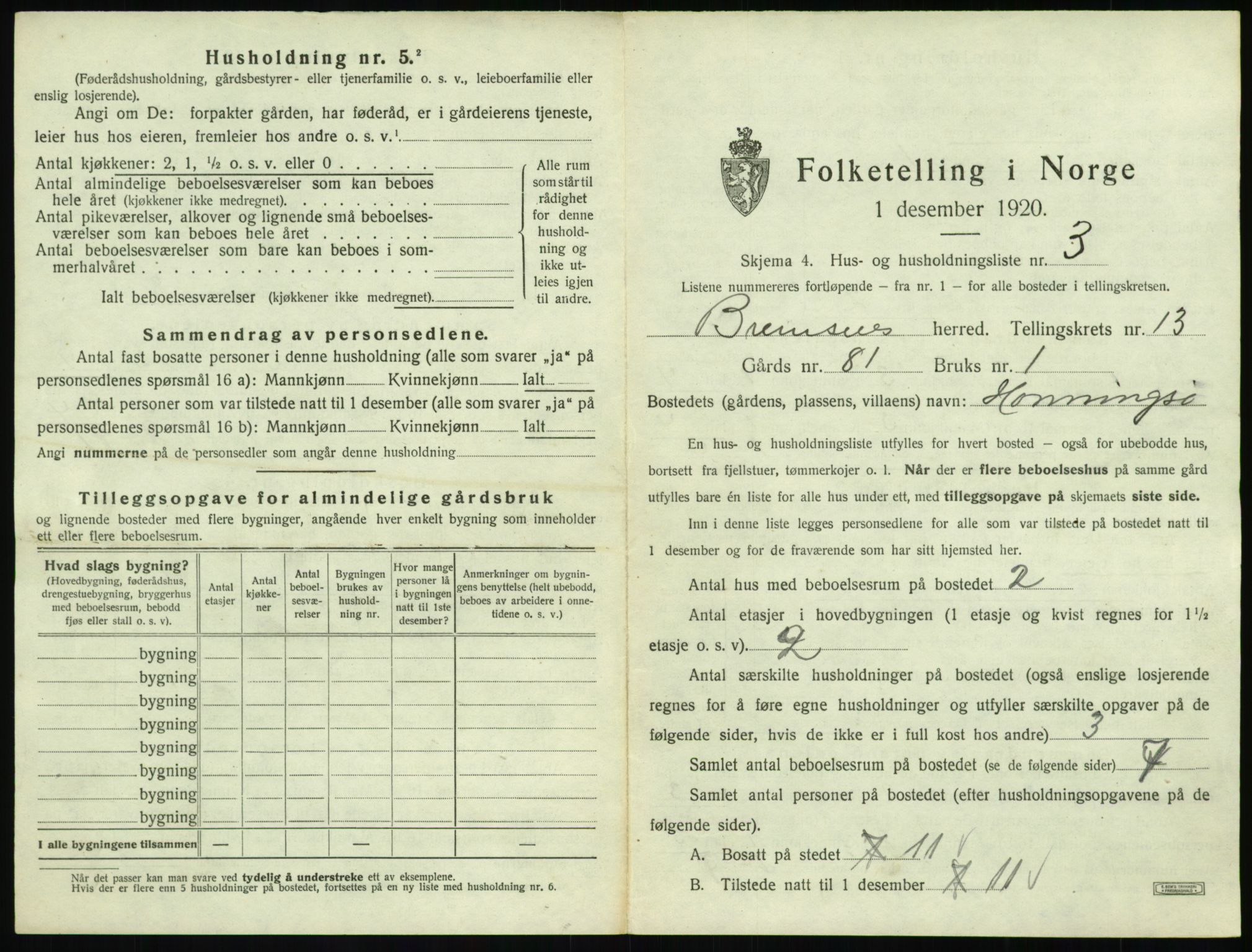 SAT, 1920 census for Bremsnes, 1920, p. 1423