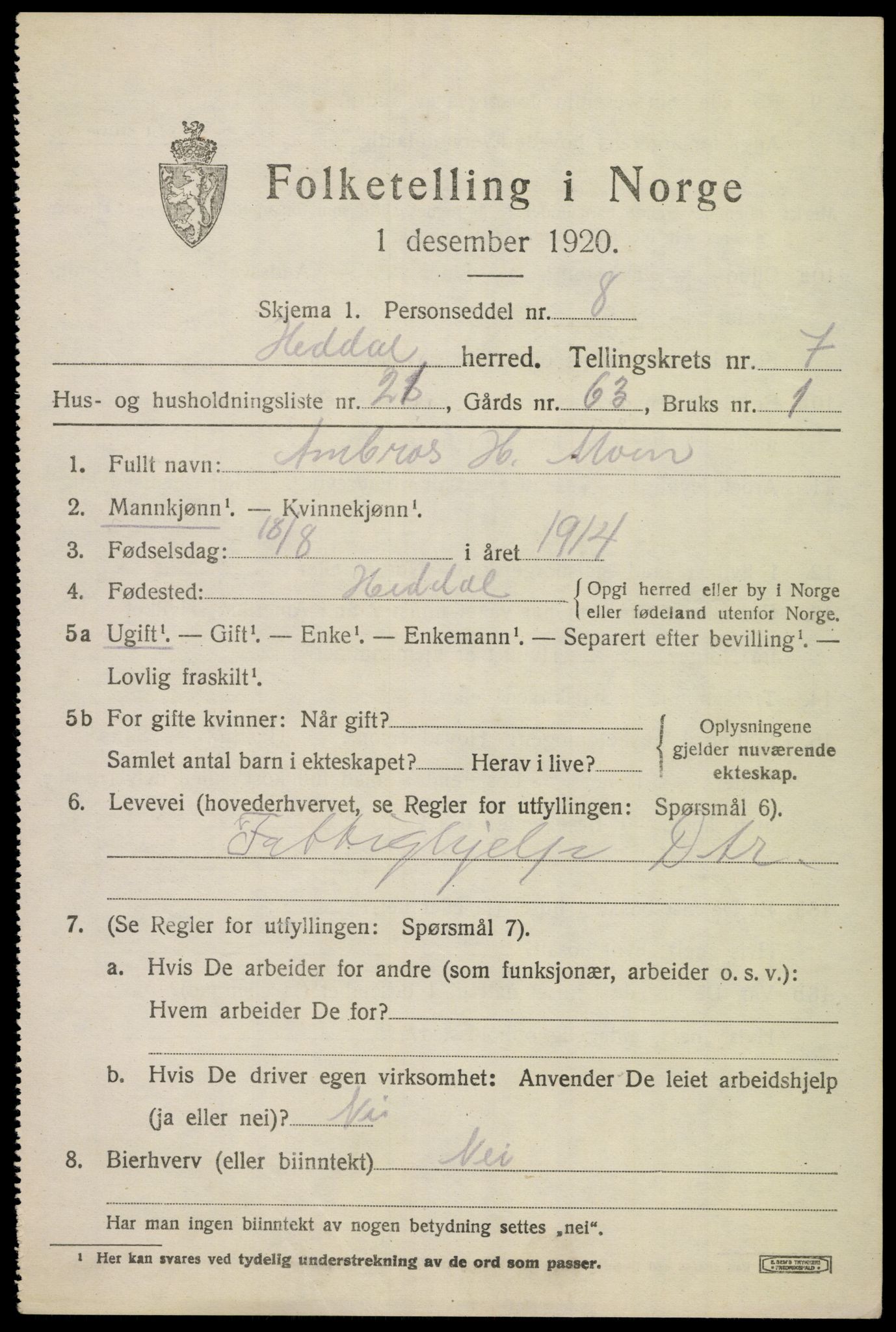 SAKO, 1920 census for Heddal, 1920, p. 5658